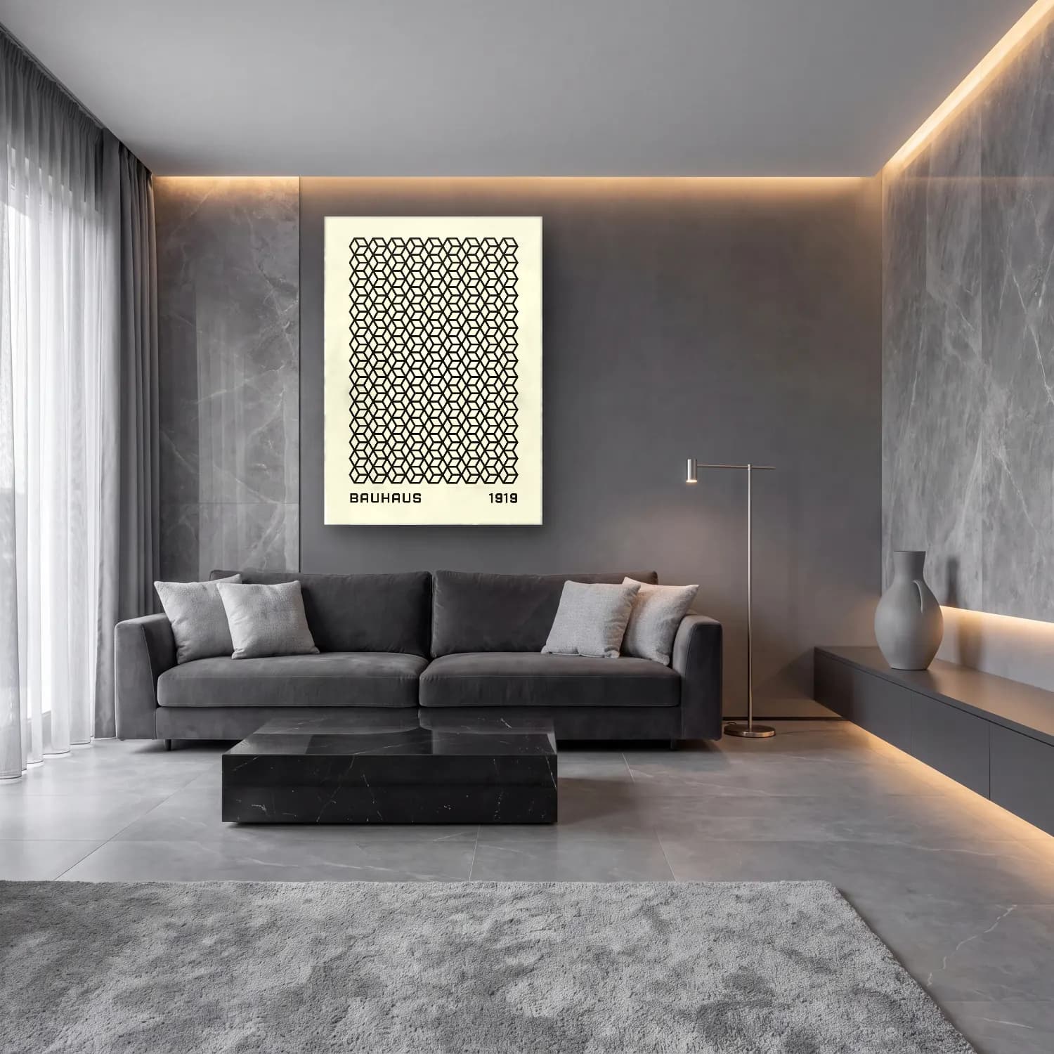 Siyah Beyaz Dama Deseni cam tablo — lüks salon duvarında