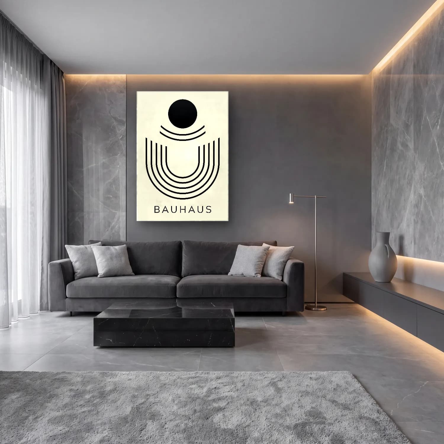 Bauhaus Soyut Kemer No. 10 cam tablo — lüks salon duvarında