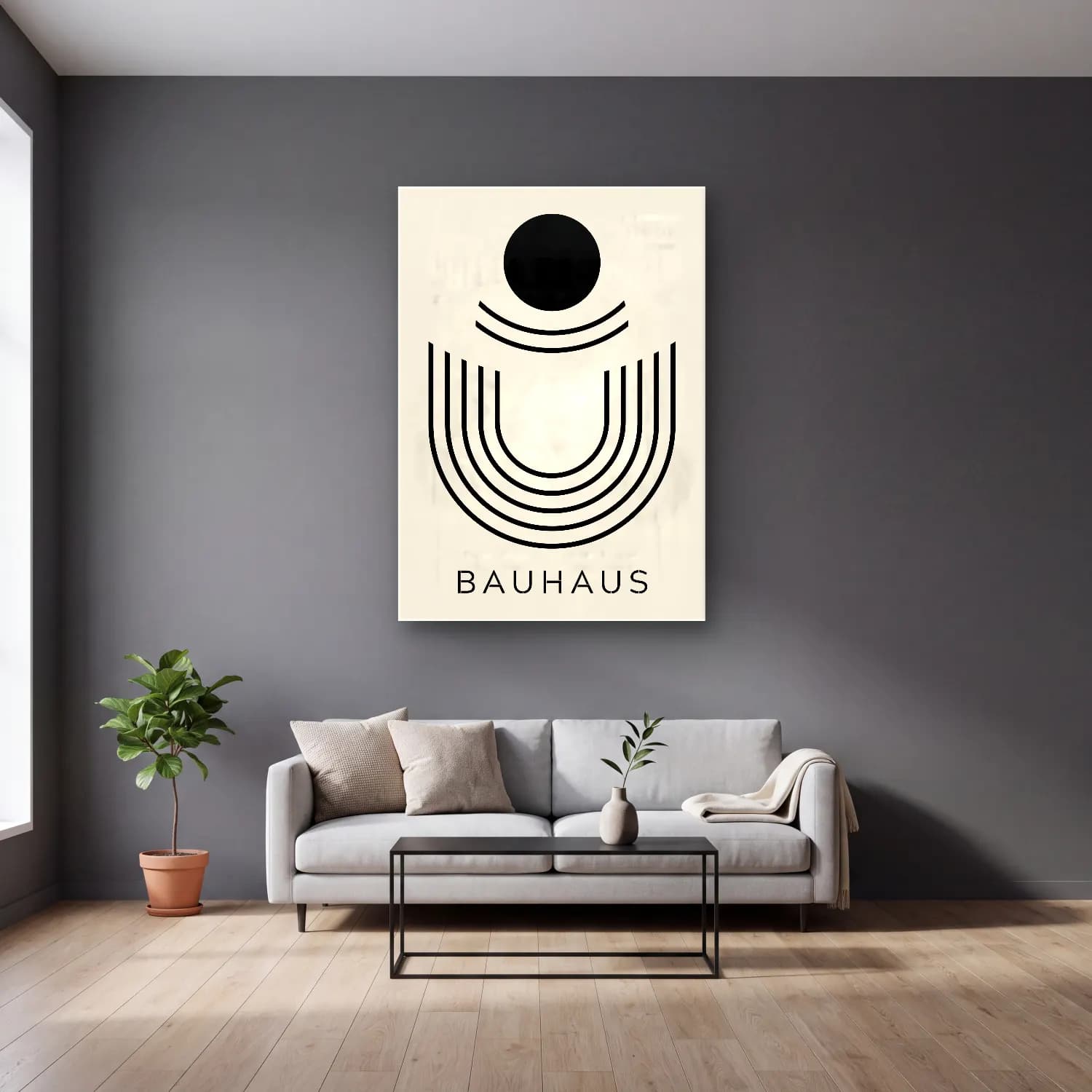 Bauhaus Soyut Kemer No. 10 cam tablo — gri duvarlı salonda