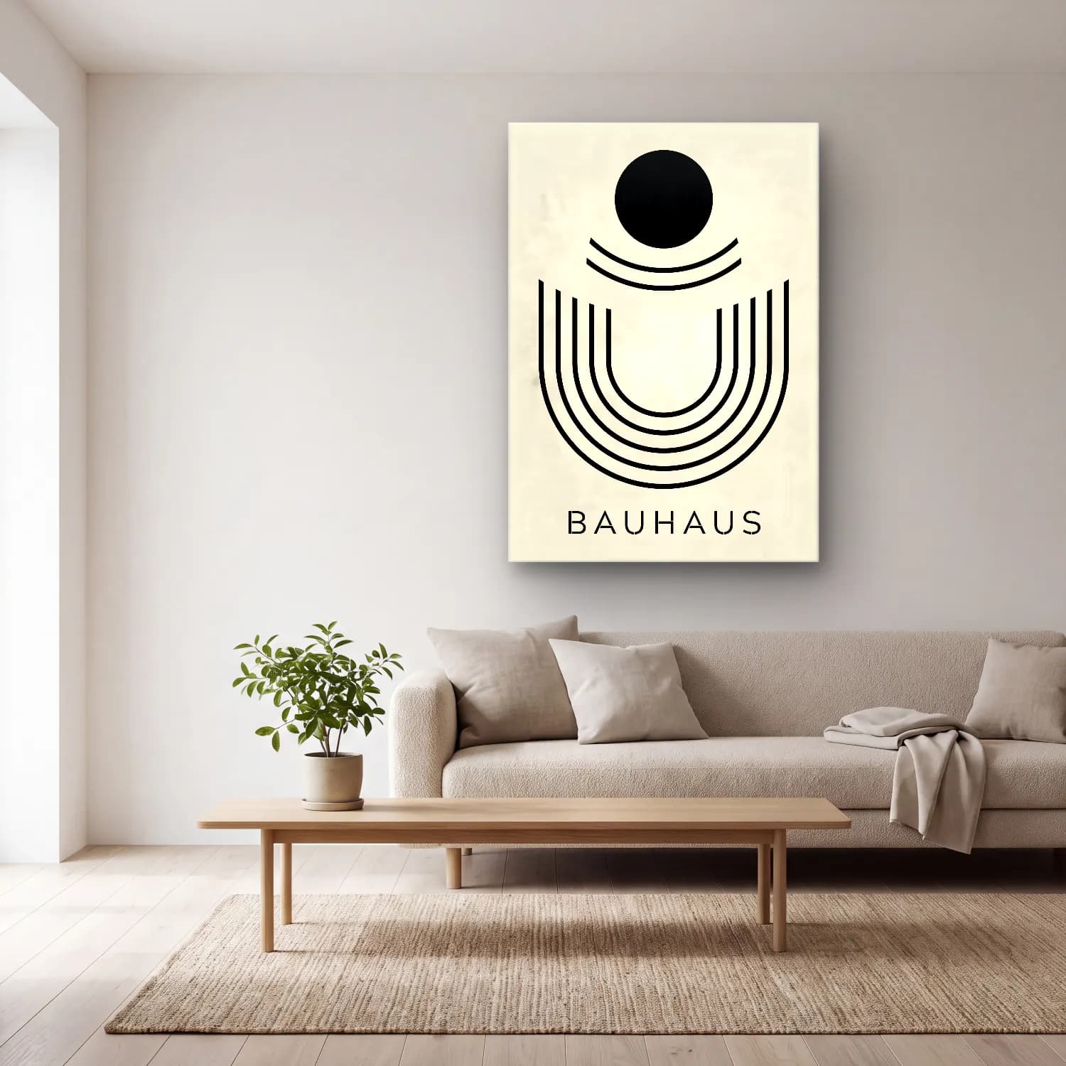 Bauhaus Soyut Kemer No. 10 cam tablo — açık renk salonda