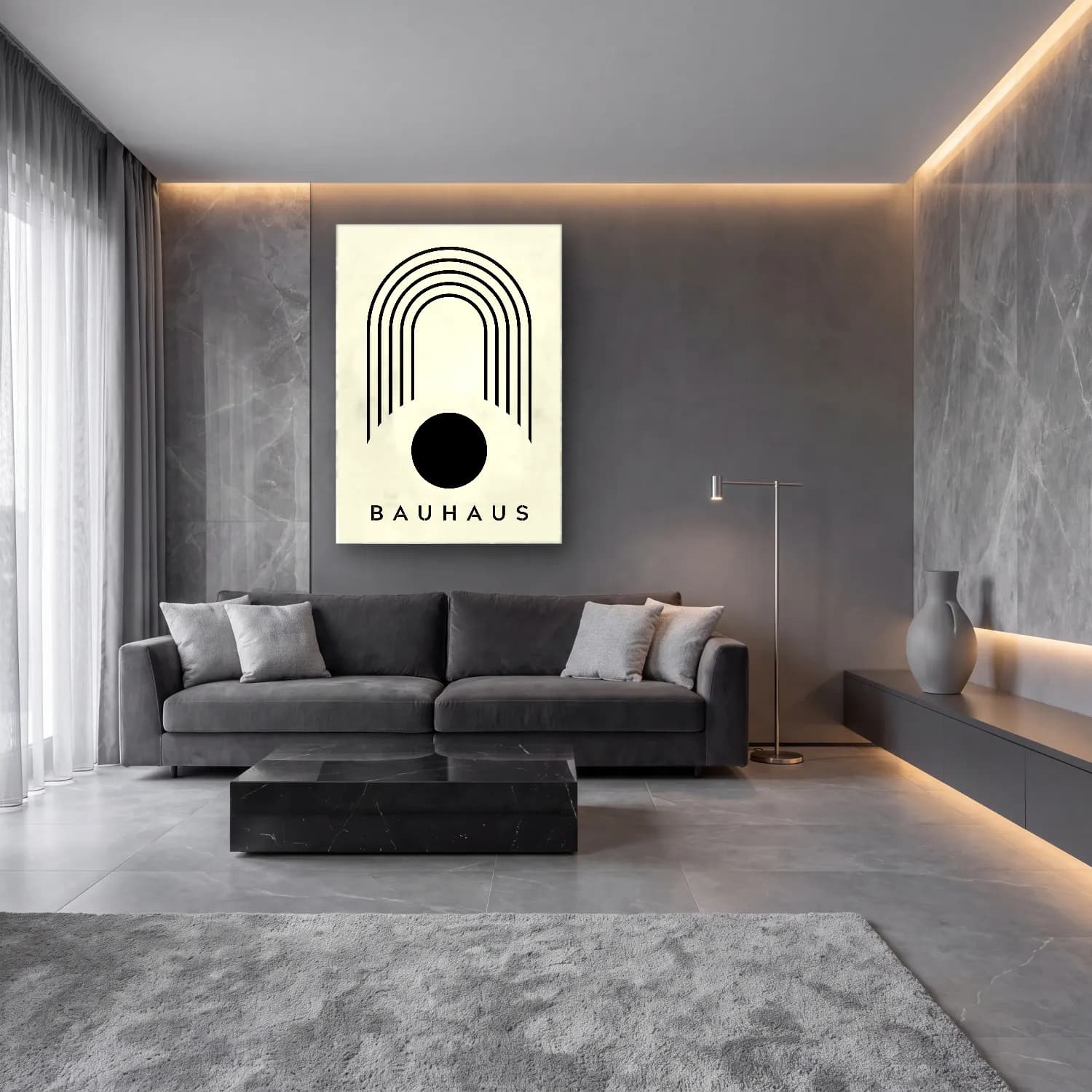 Bauhaus Soyut Kemer No. 11 cam tablo — lüks salon duvarında