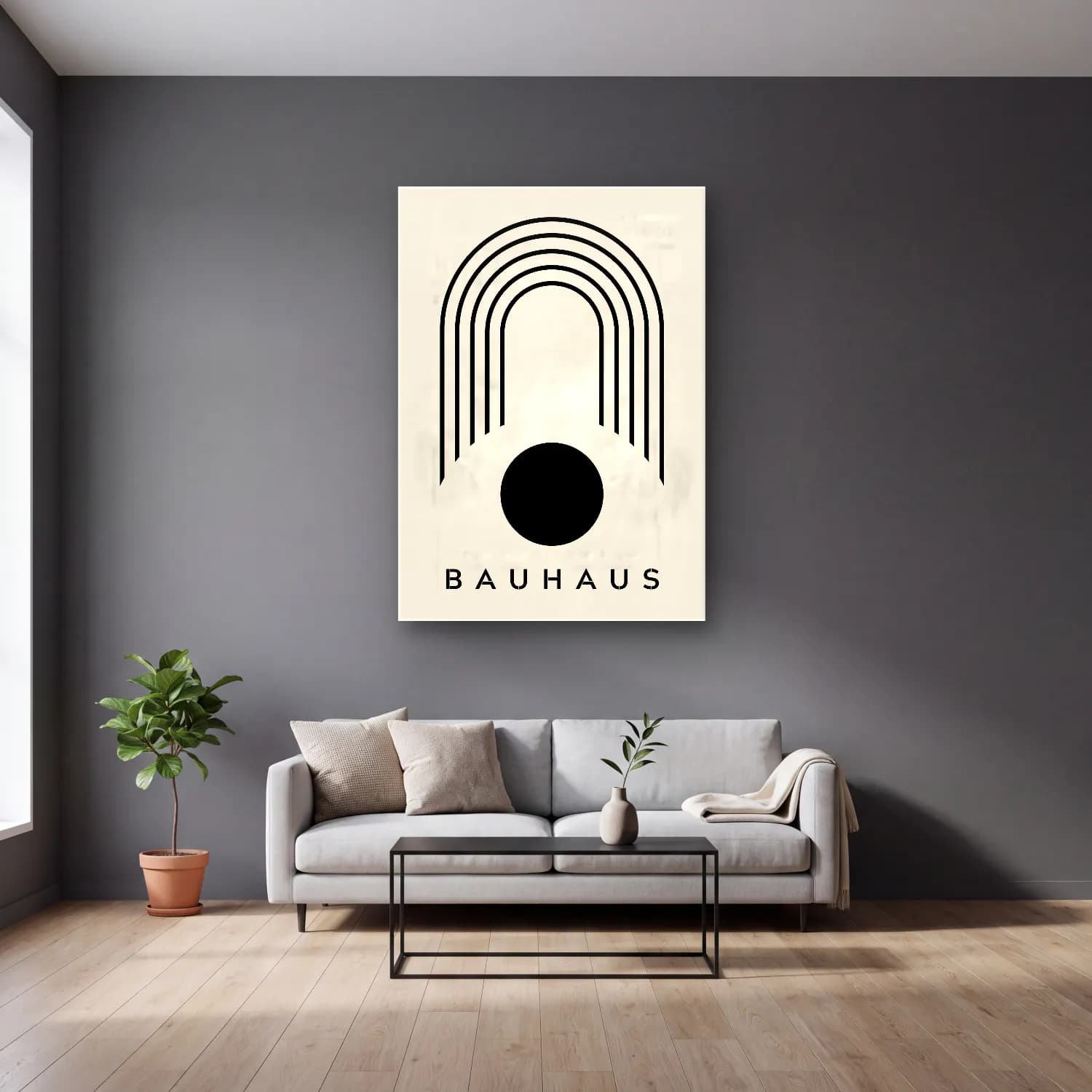 Bauhaus Soyut Kemer No. 11 cam tablo — gri duvarlı salonda