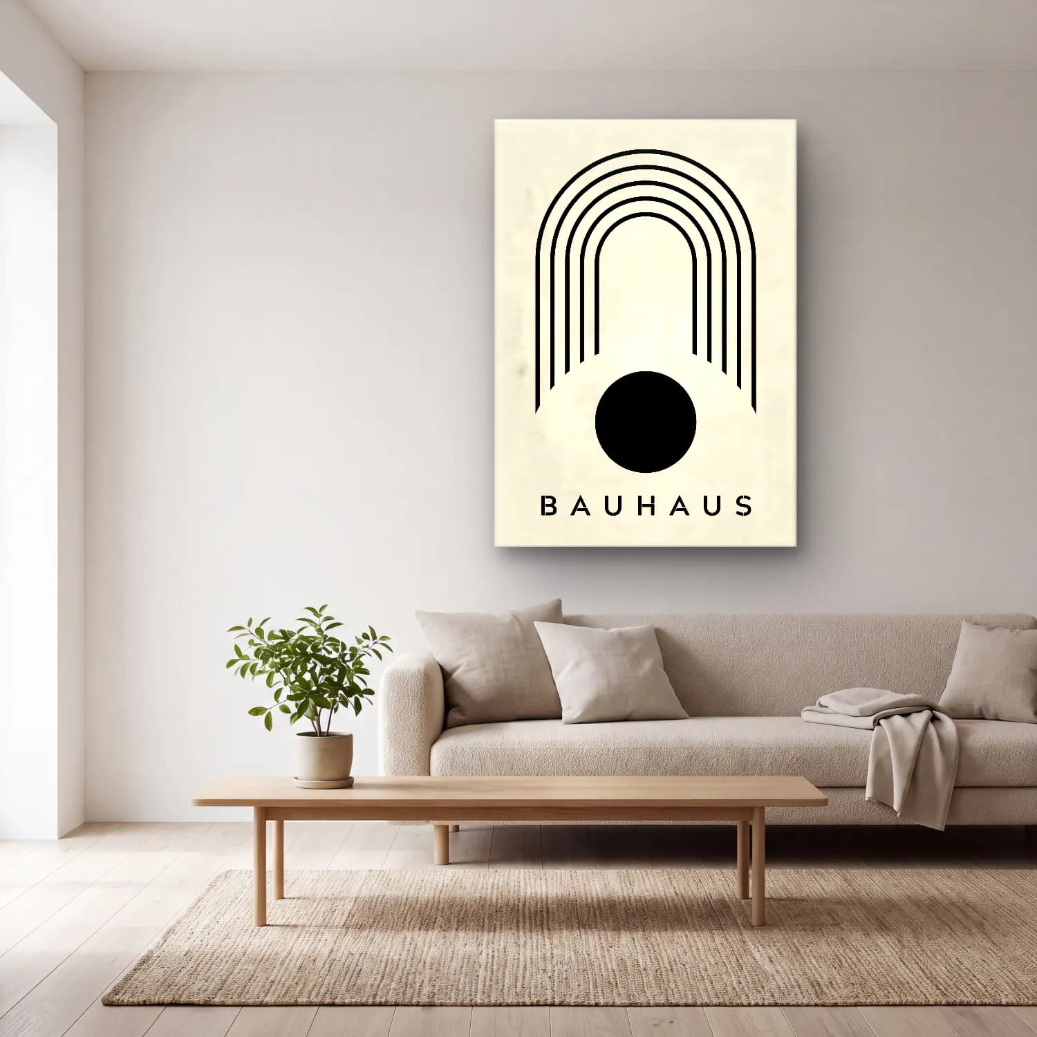 Bauhaus Soyut Kemer No. 11 cam tablo — açık renk salonda