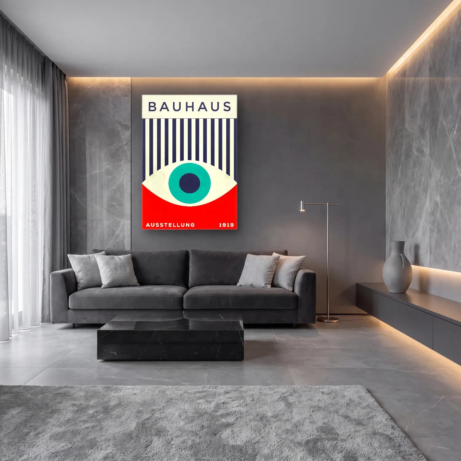 Bauhaus Soyut Yüz – Kırmızı Tonlar cam tablo — lüks salon duvarında