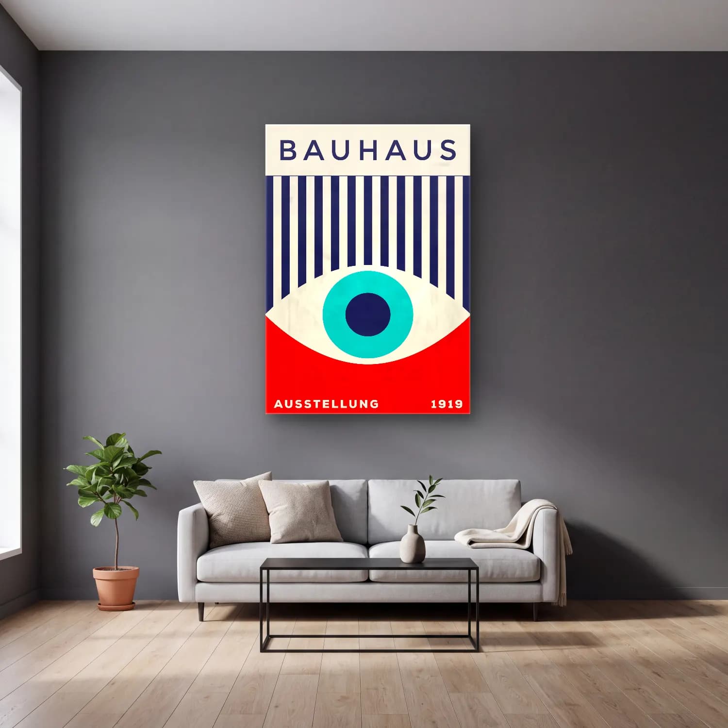 Bauhaus Soyut Yüz – Kırmızı Tonlar cam tablo — gri duvarlı salonda