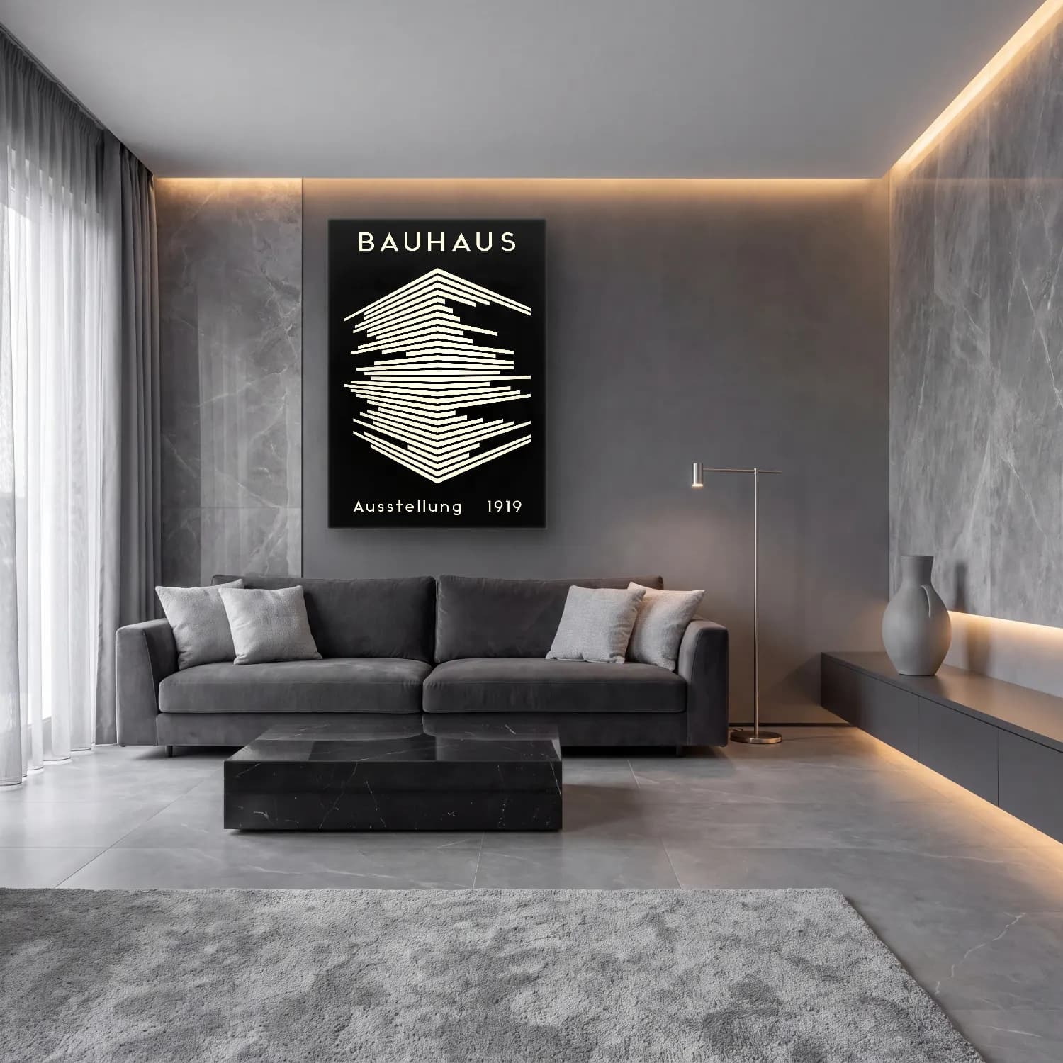 Çizgi Sanatı Dalgalı Çizgiler No. 6 cam tablo — lüks salon duvarında