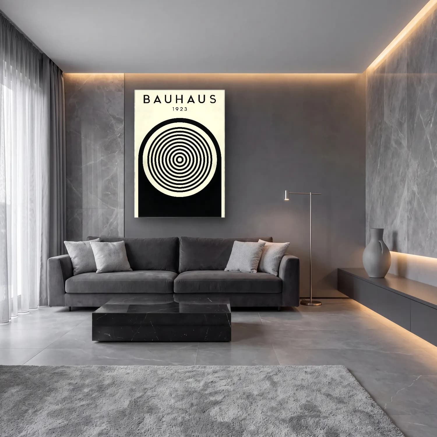 Bauhaus Geometrik Daireler No. 33 cam tablo — lüks salon duvarında