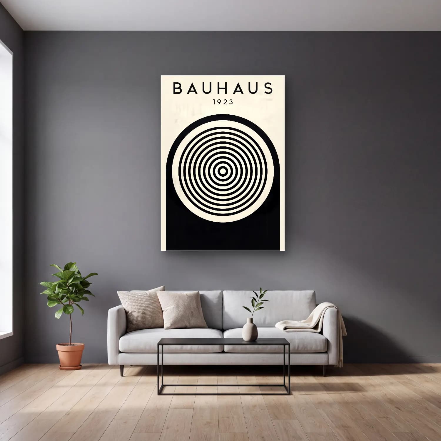 Bauhaus Geometrik Daireler No. 33 cam tablo — gri duvarlı salonda