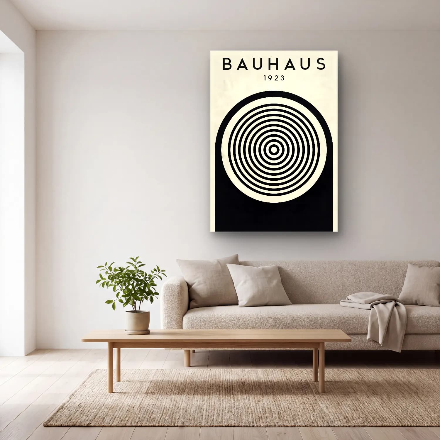 Bauhaus Geometrik Daireler No. 33 cam tablo — açık renk salonda