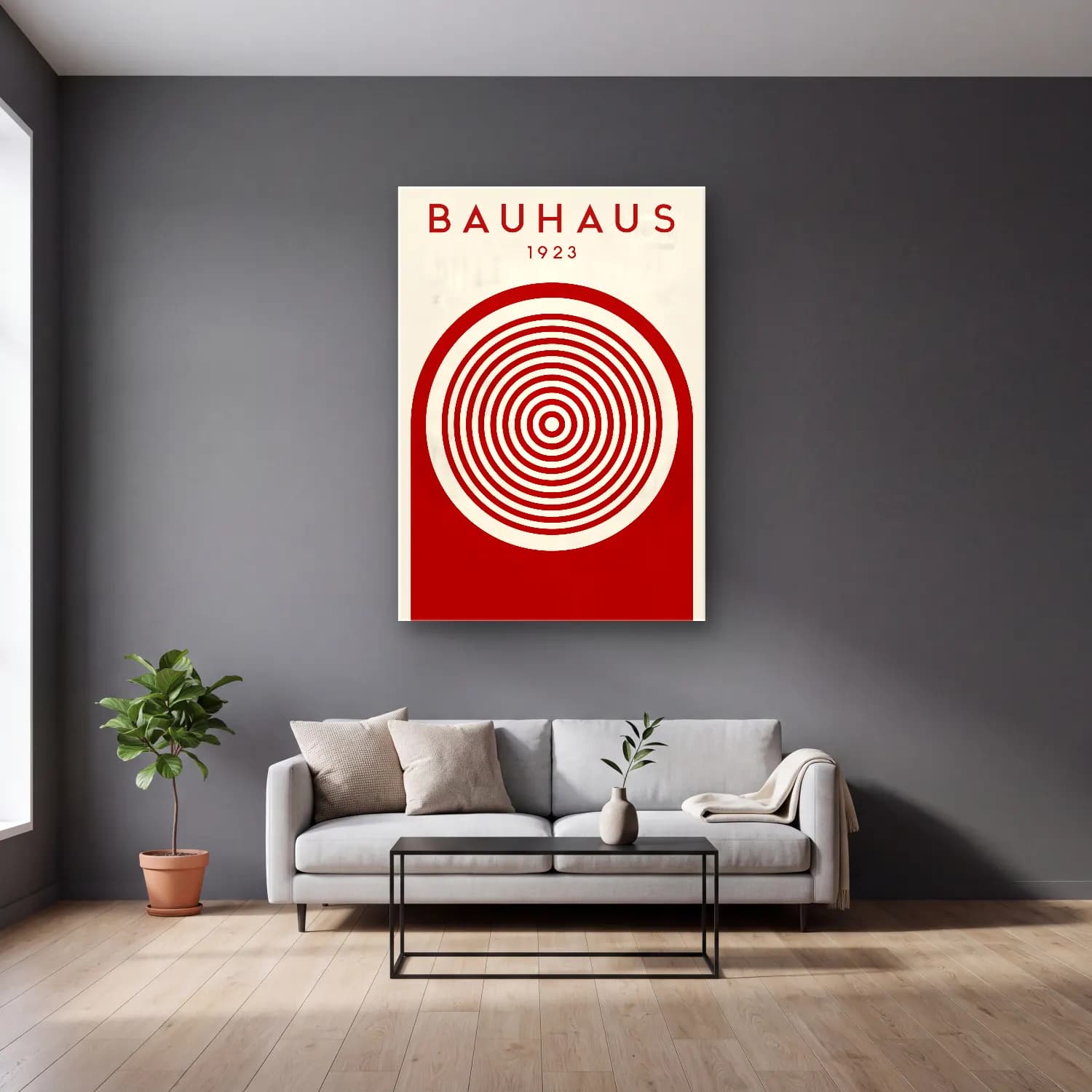 Bauhaus Geometrik Daireler No. 34 cam tablo — gri duvarlı salonda