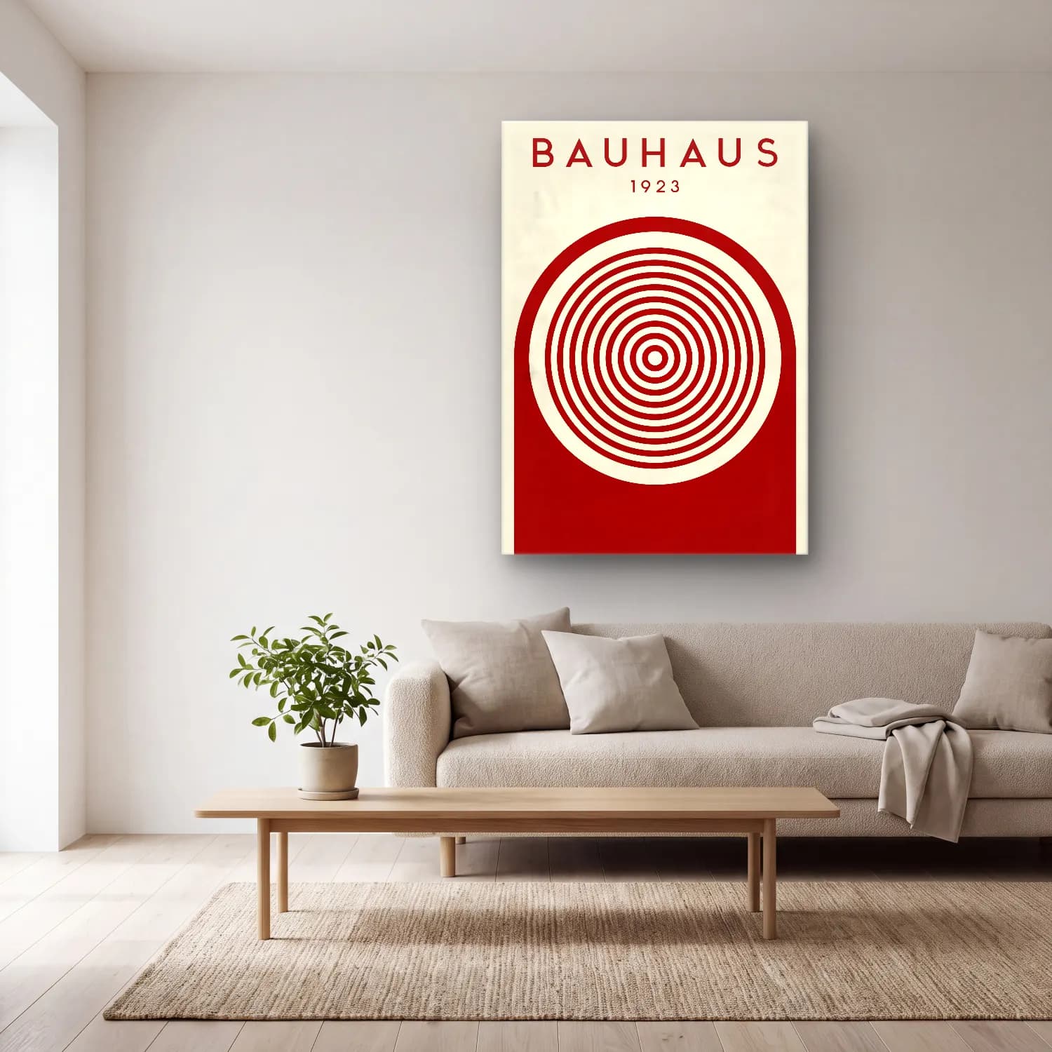 Bauhaus Geometrik Daireler No. 34 cam tablo — açık renk salonda