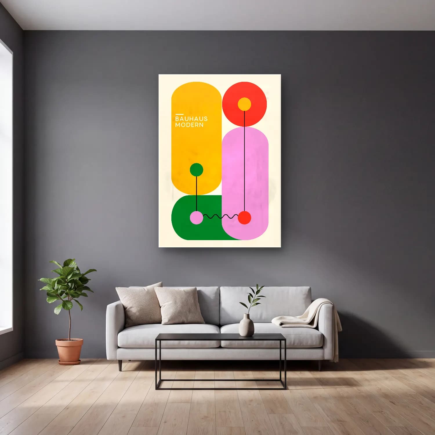 Bauhaus Geometrik Daireler – Pembe Tonlar cam tablo — gri duvarlı salonda