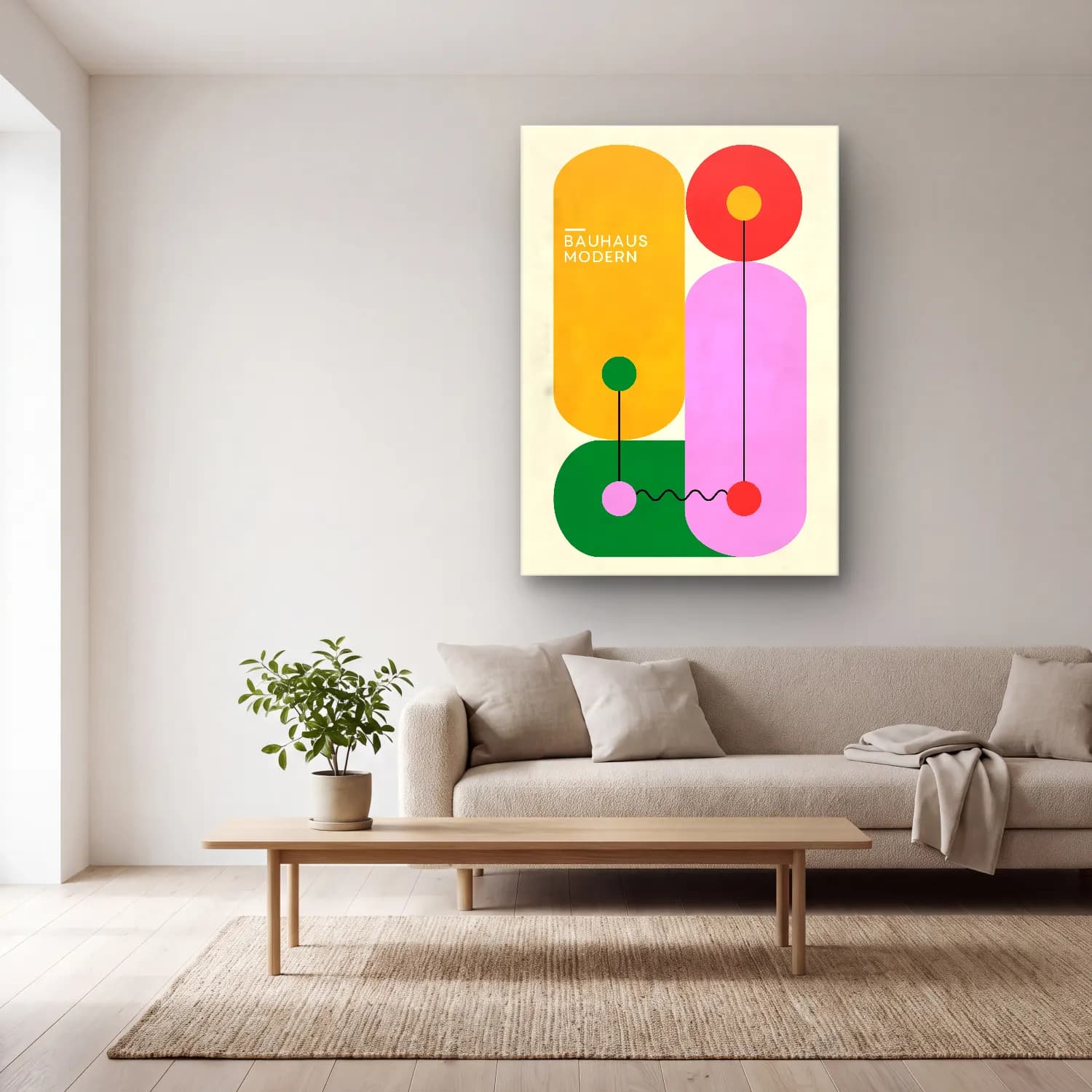 Bauhaus Geometrik Daireler – Pembe Tonlar cam tablo — açık renk salonda