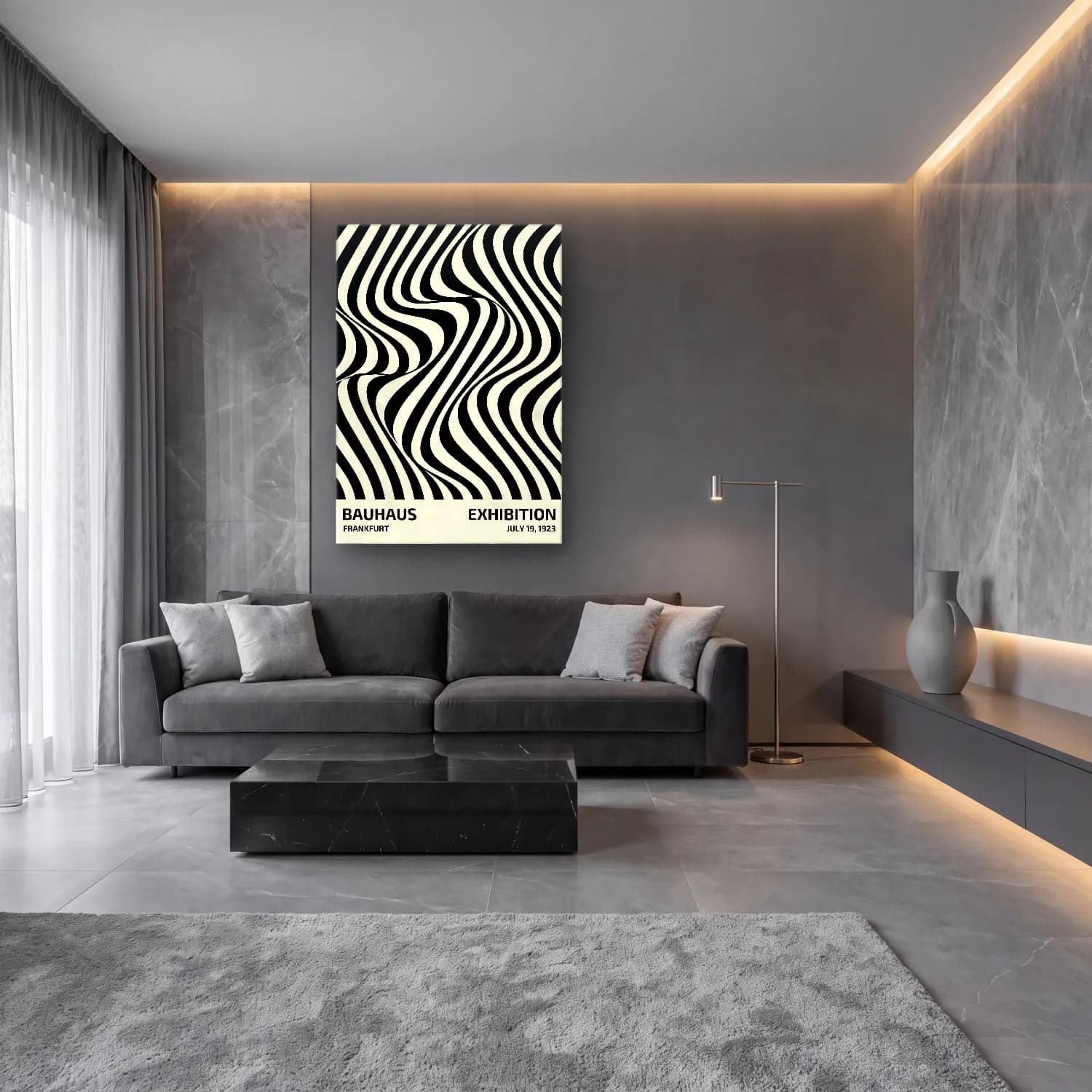 Siyah Beyaz Dalgalı Çizgiler No. 6 cam tablo — lüks salon duvarında