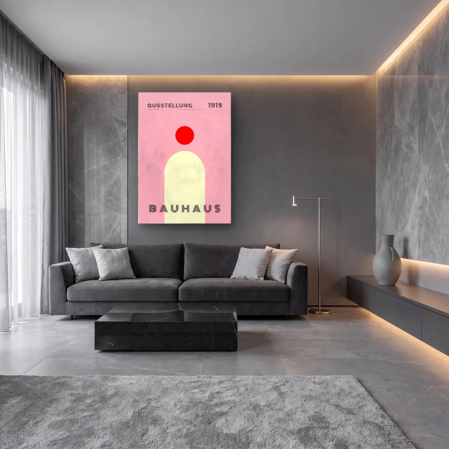 Bauhaus Soyut Kemer No. 12 cam tablo — lüks salon duvarında