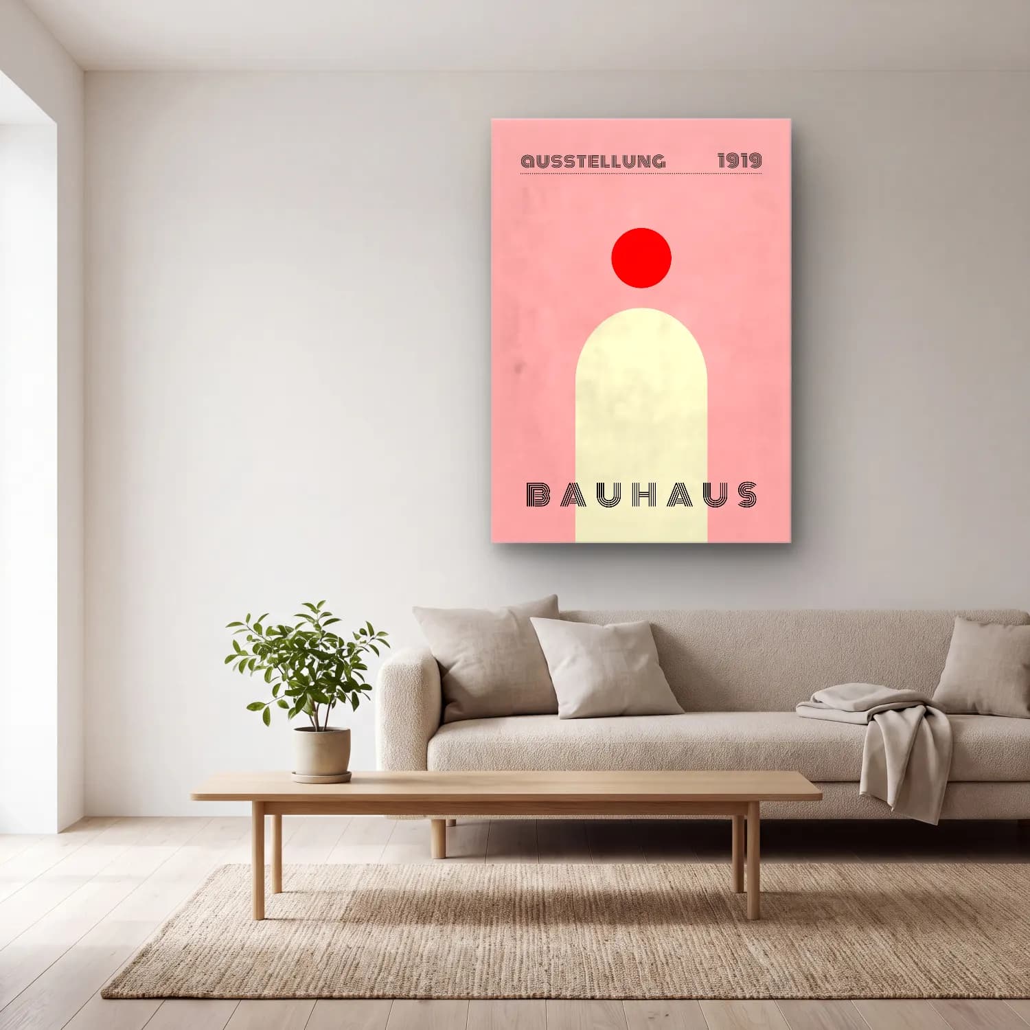 Bauhaus Soyut Kemer No. 12 cam tablo — açık renk salonda