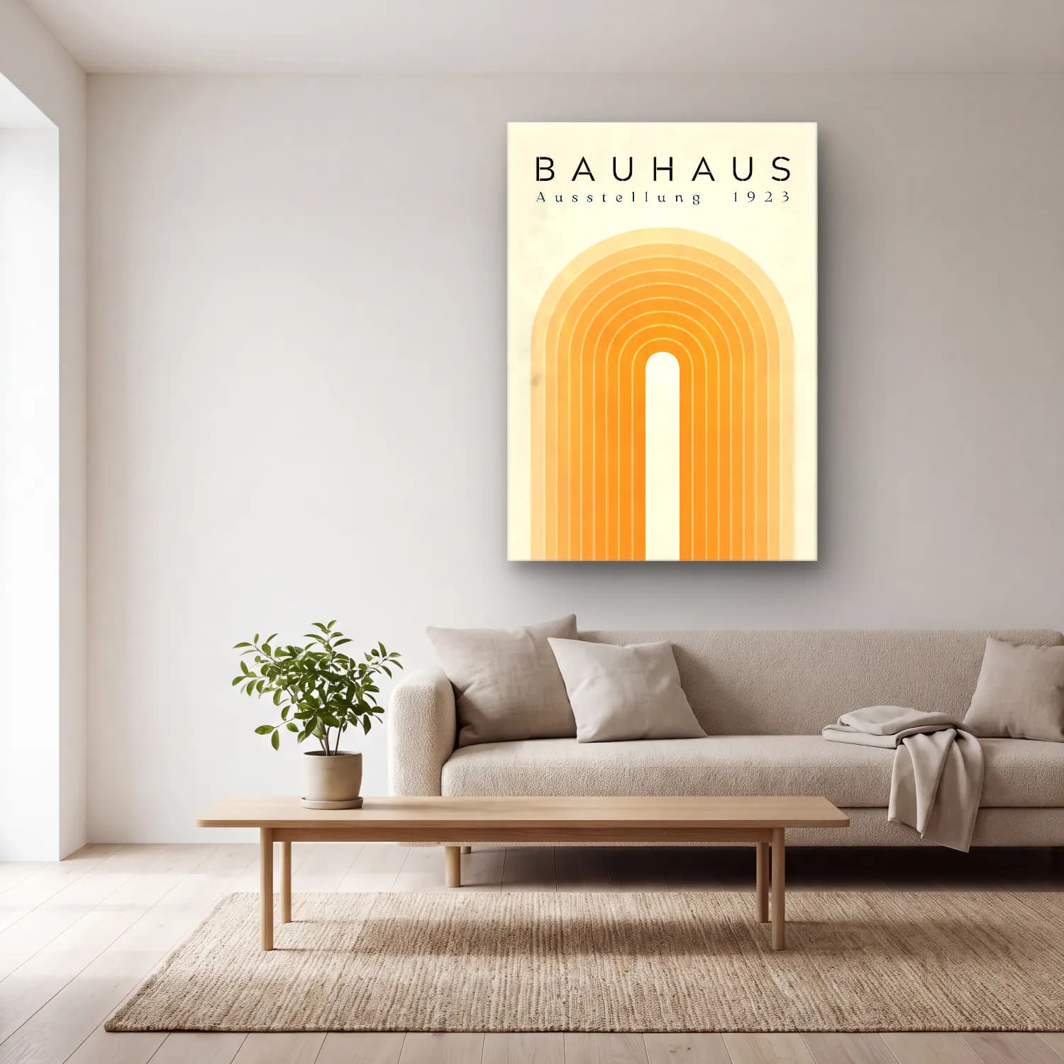 Bauhaus Soyut Kemer No. 13 cam tablo — açık renk salonda