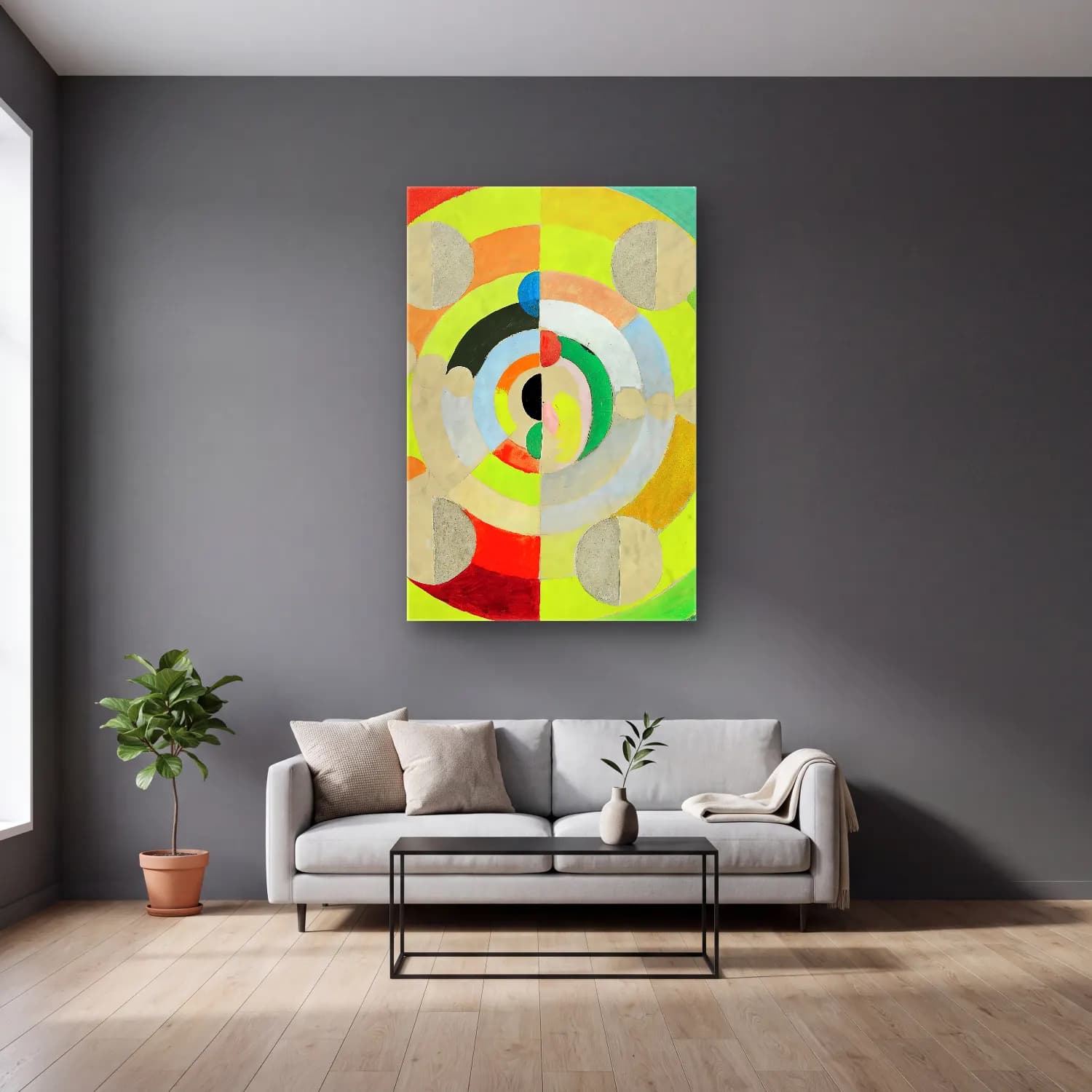 Robert Delaunay – Disc-Relief cam tablo — gri duvarlı salonda