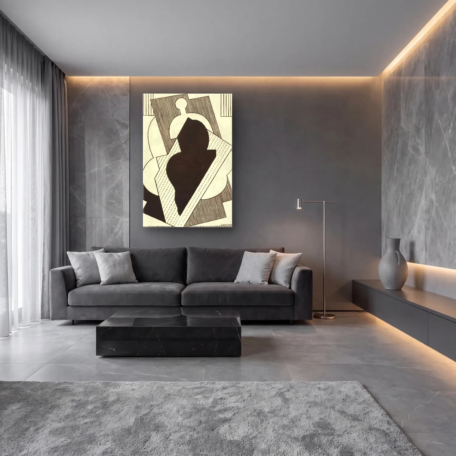 Albert Gleizes – Cubist Composition (Centre Noir) cam tablo — lüks salon duvarında