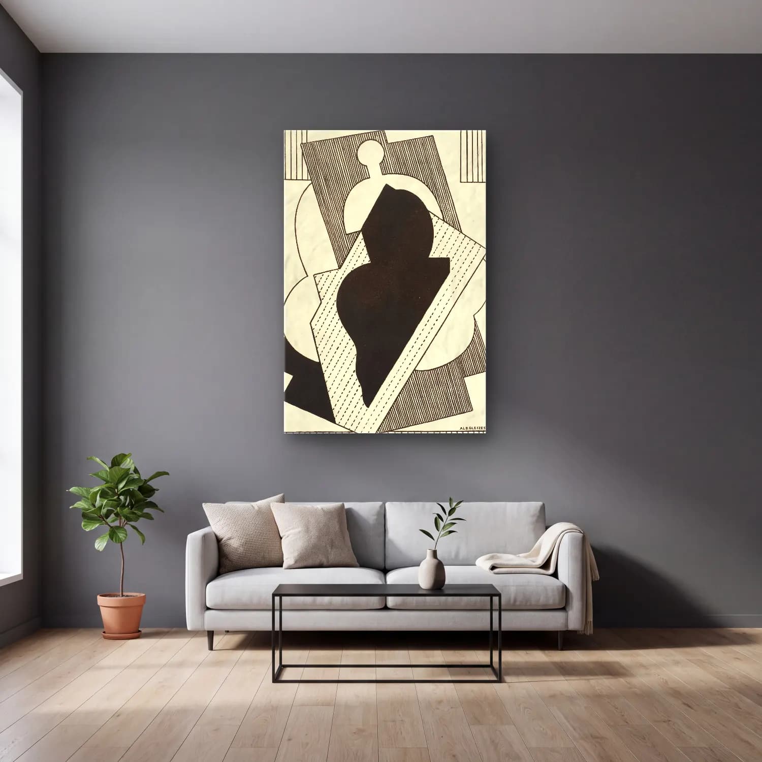 Albert Gleizes – Cubist Composition (Centre Noir) cam tablo — gri duvarlı salonda