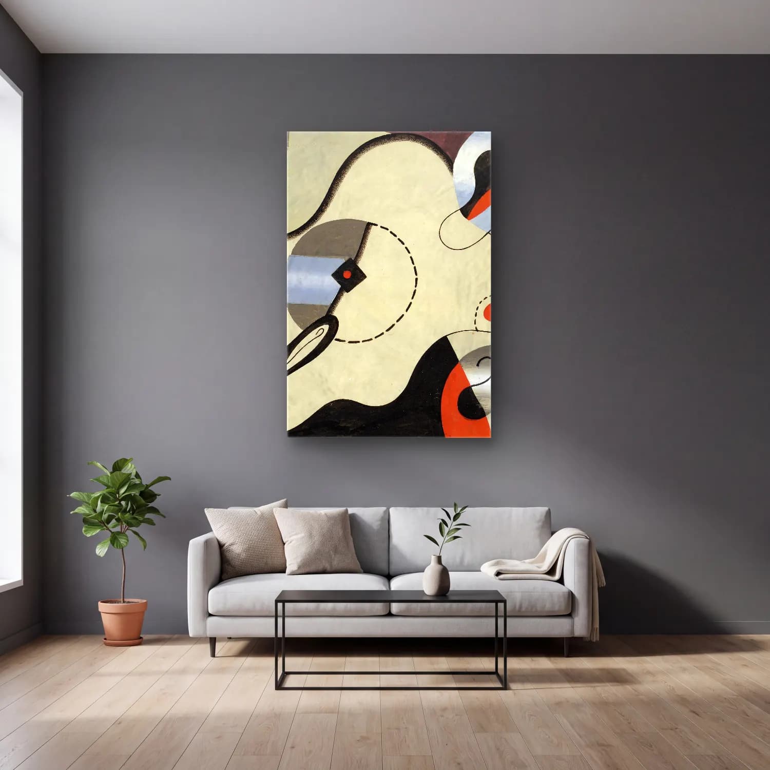 Georges Valmier – Composition abstraite (Femme couchée) cam tablo — gri duvarlı salonda