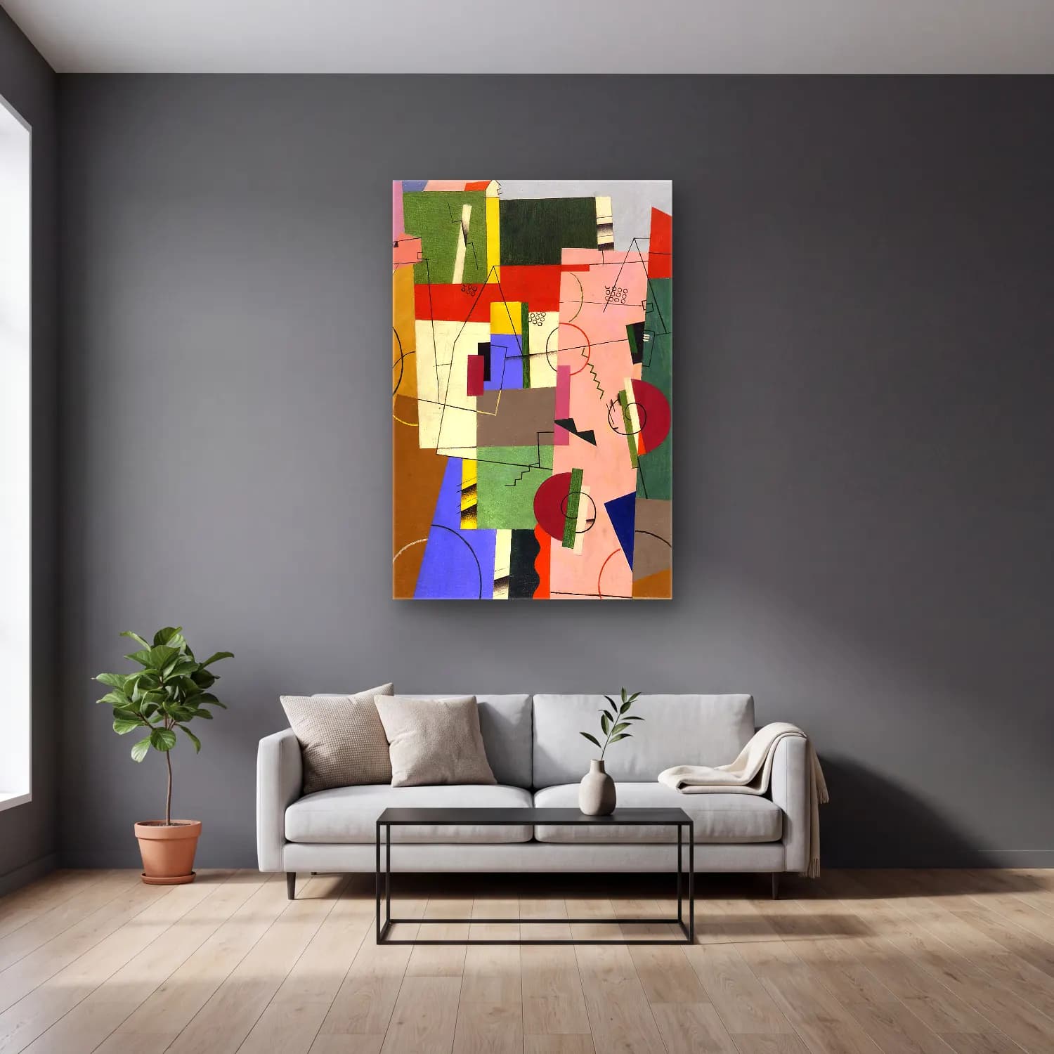 Georges Valmier – Landscape – Pembe Tonlar cam tablo — gri duvarlı salonda