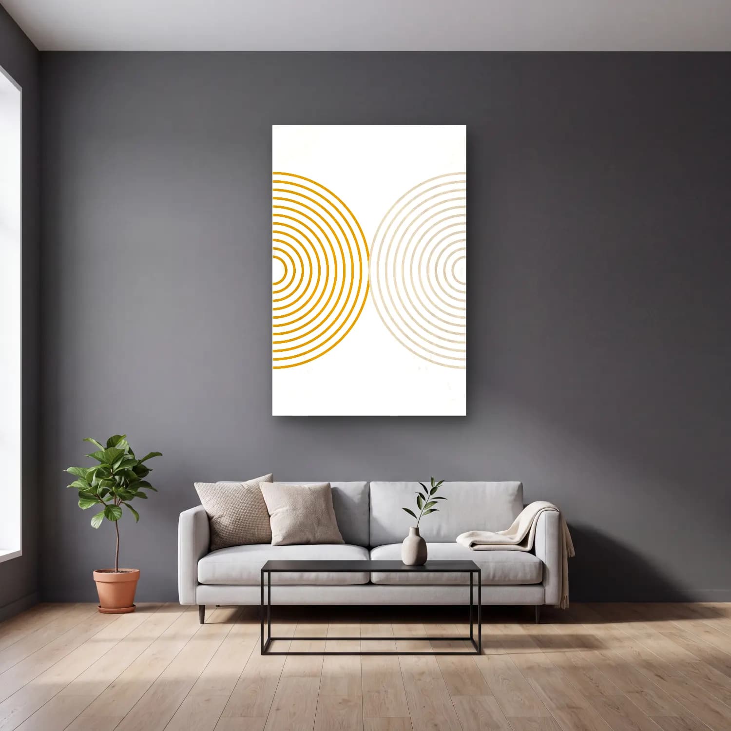 Çizgi Sanatı Geometrik Daireler No. 13 cam tablo — gri duvarlı salonda