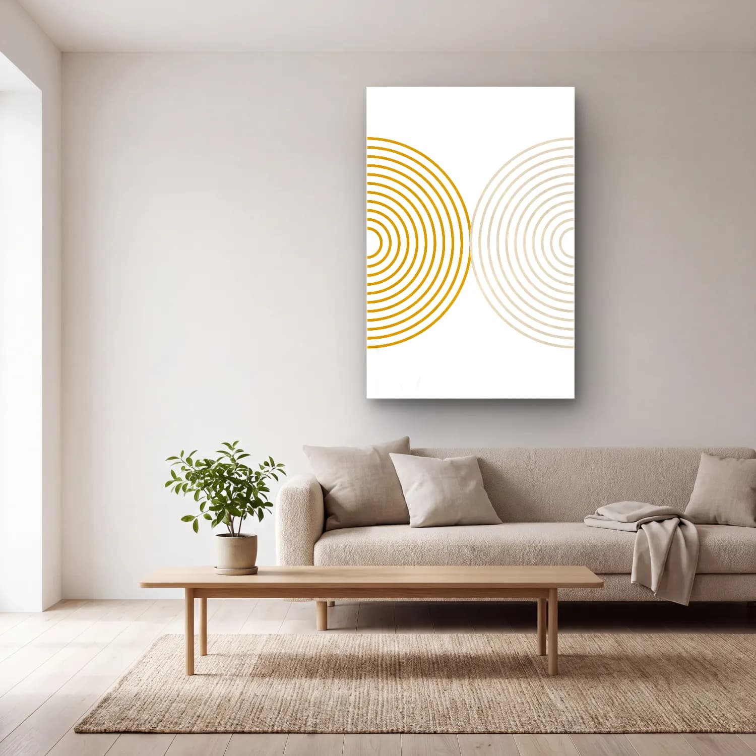 Çizgi Sanatı Geometrik Daireler No. 13 cam tablo — açık renk salonda