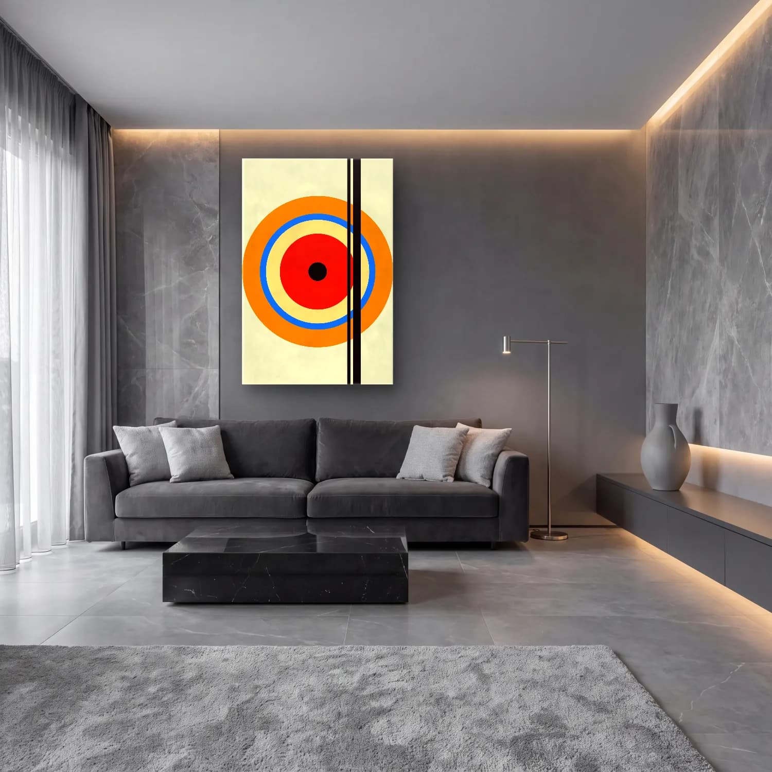 Bauhaus Geometrik Daireler No. 43 cam tablo — lüks salon duvarında