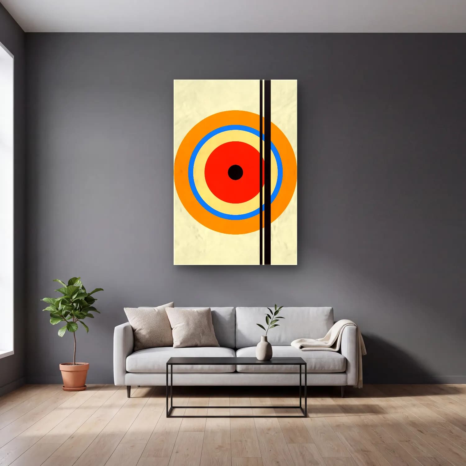 Bauhaus Geometrik Daireler No. 43 cam tablo — gri duvarlı salonda