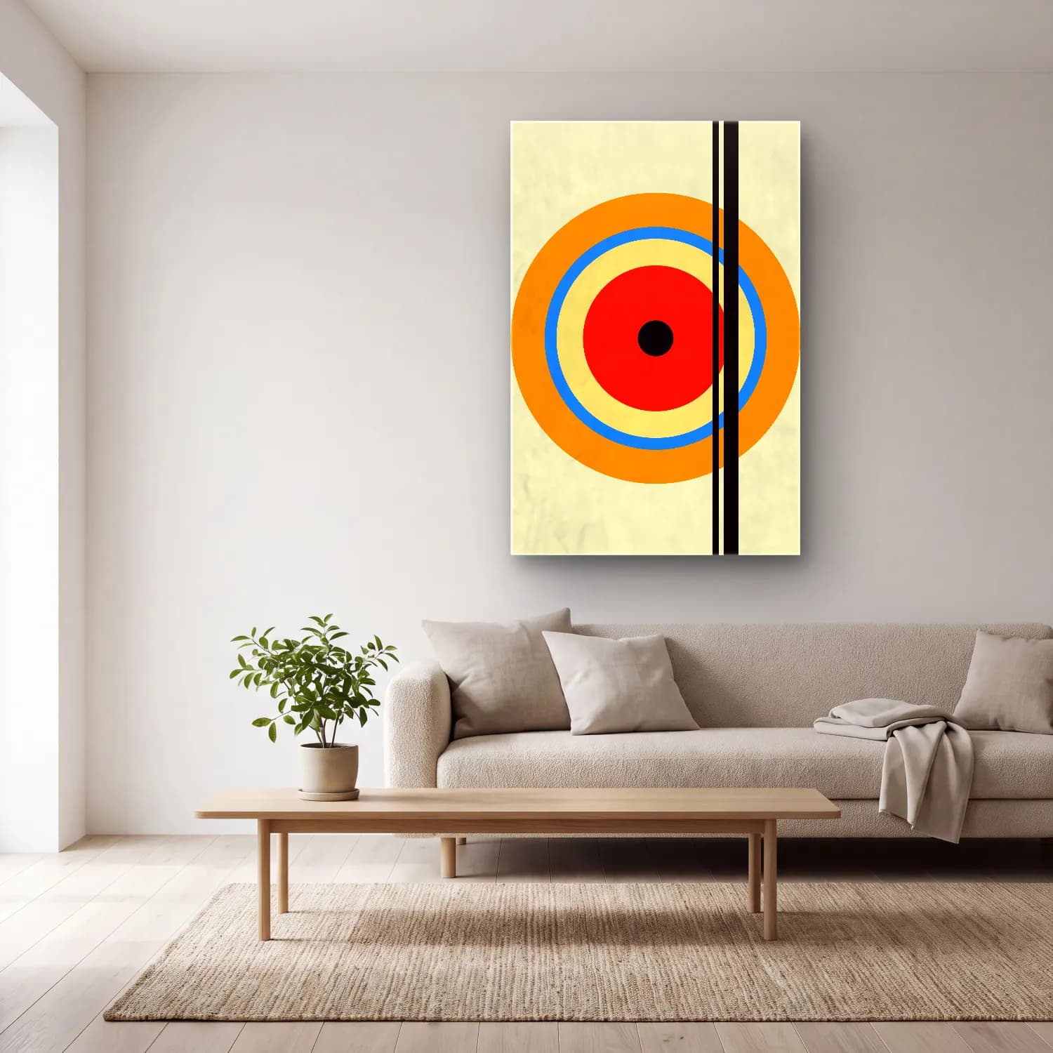 Bauhaus Geometrik Daireler No. 43 cam tablo — açık renk salonda