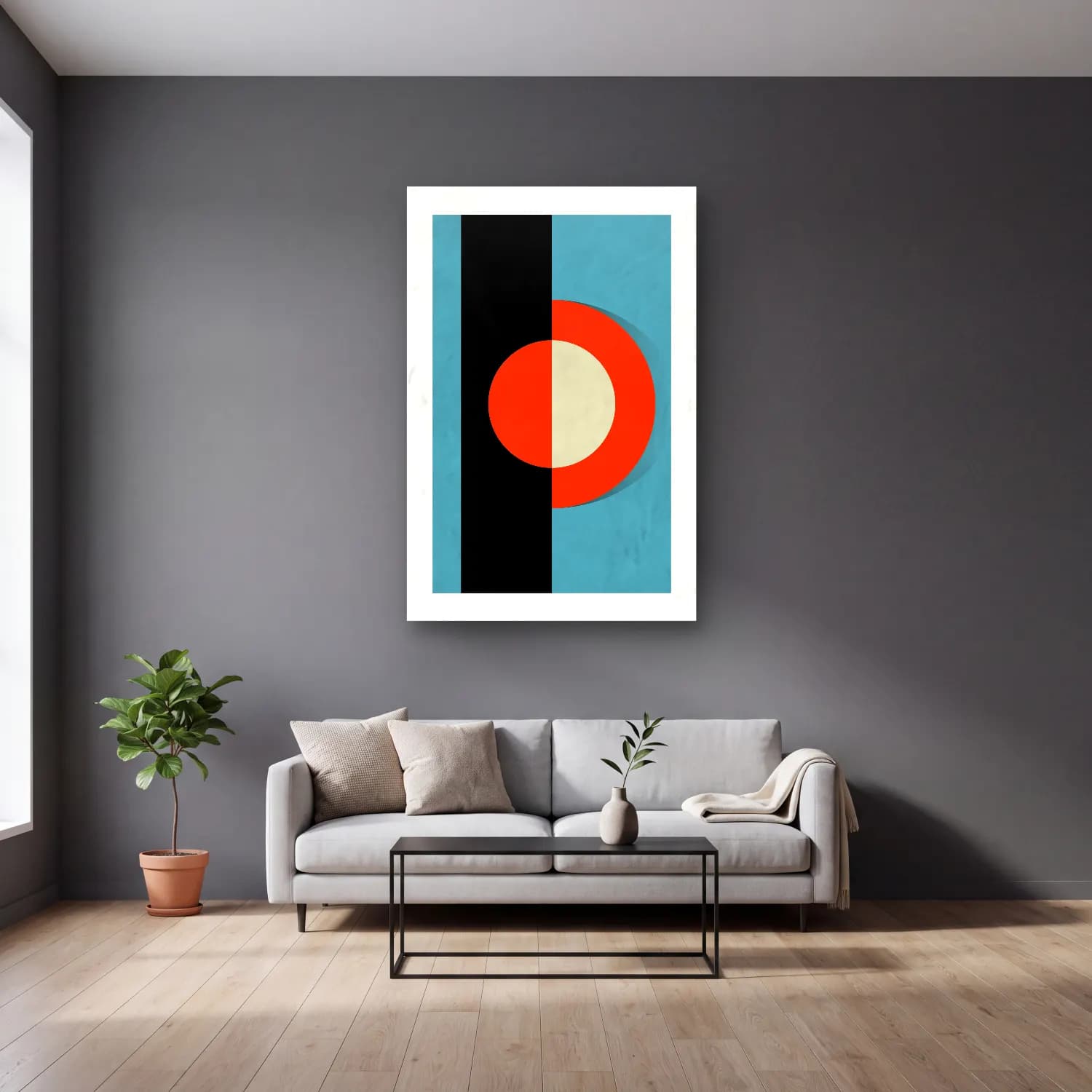 Bauhaus Geometrik Daireler No. 44 cam tablo — gri duvarlı salonda