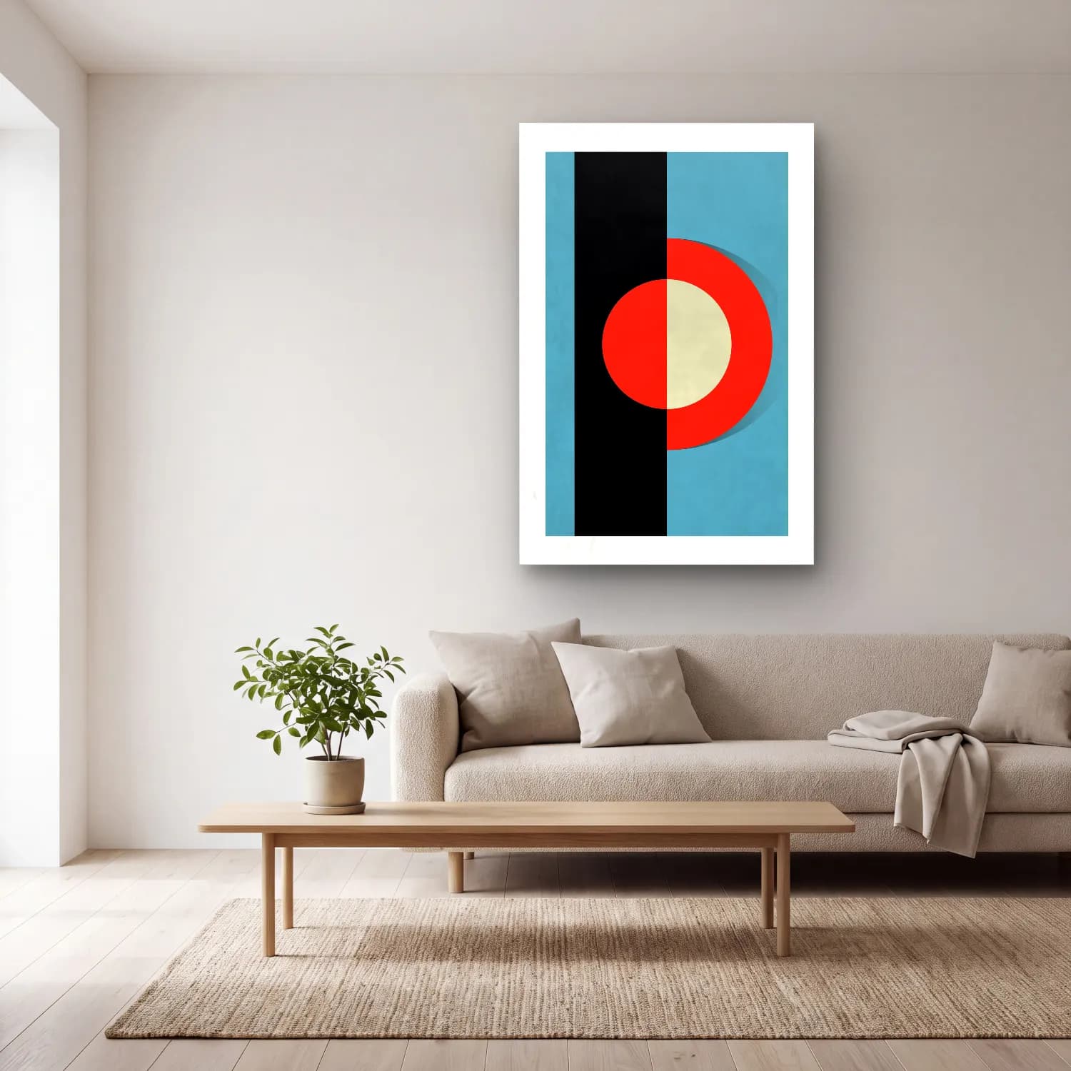 Bauhaus Geometrik Daireler No. 44 cam tablo — açık renk salonda