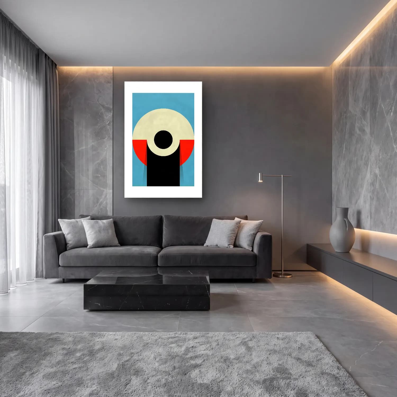 Bauhaus Soyut Kemer No. 15 cam tablo — lüks salon duvarında