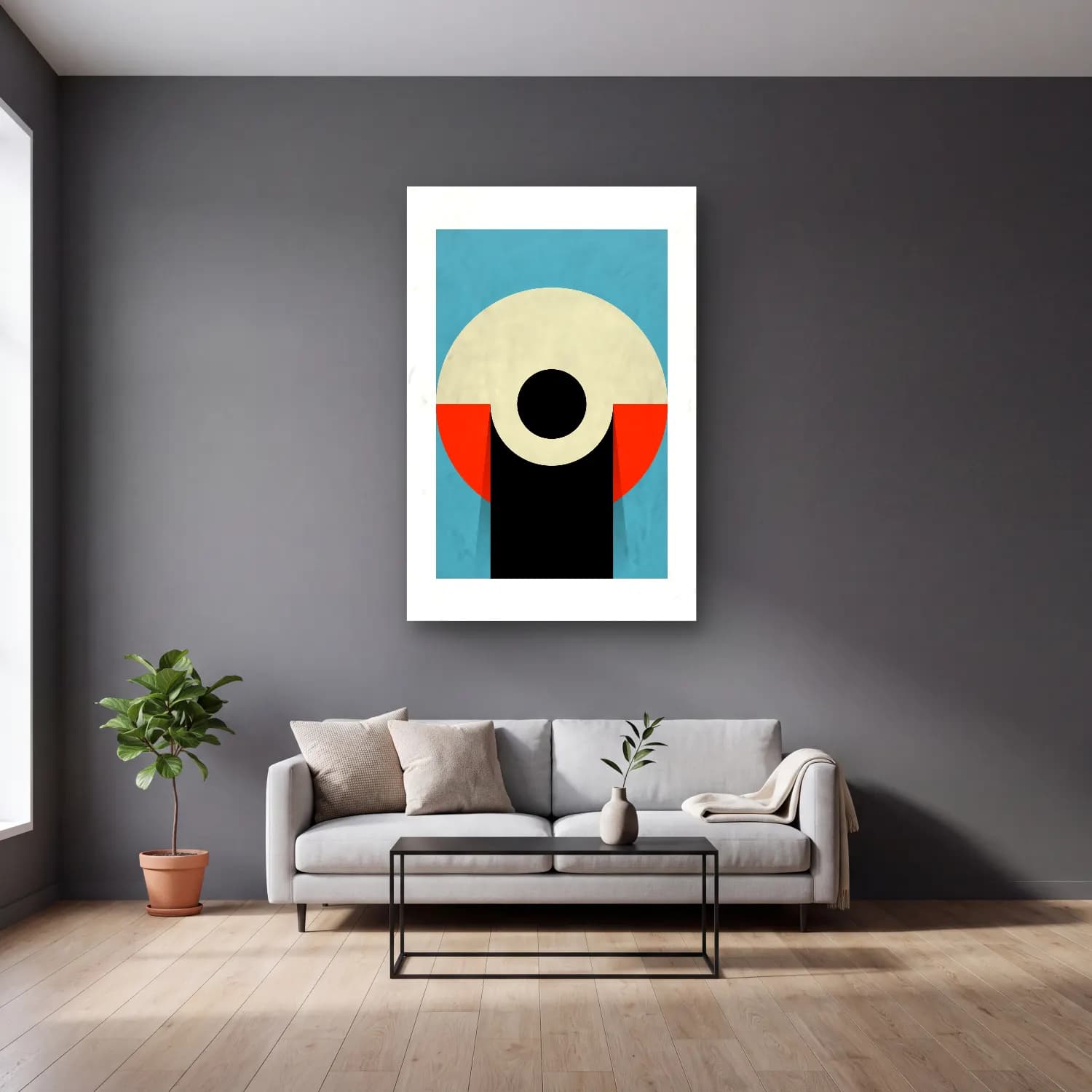 Bauhaus Soyut Kemer No. 15 cam tablo — gri duvarlı salonda
