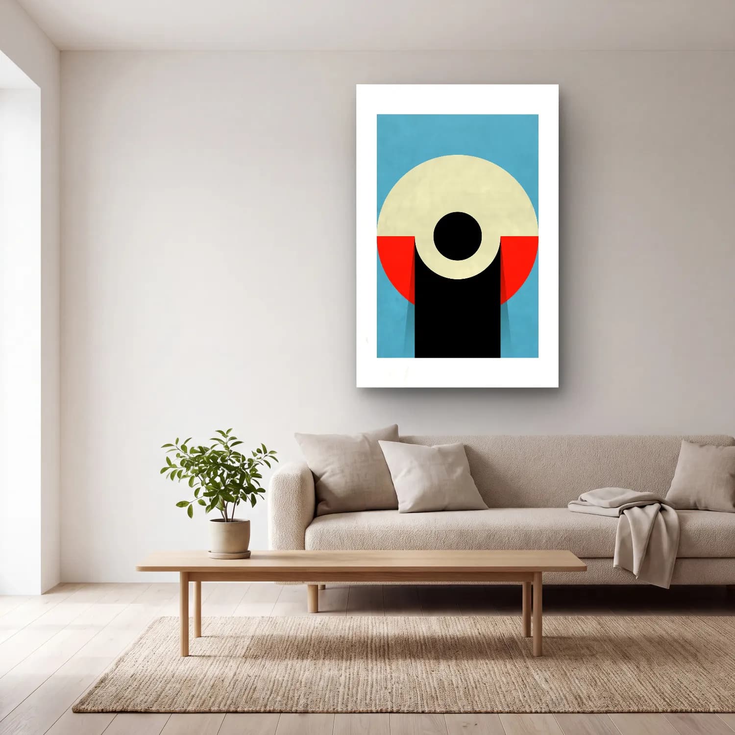 Bauhaus Soyut Kemer No. 15 cam tablo — açık renk salonda