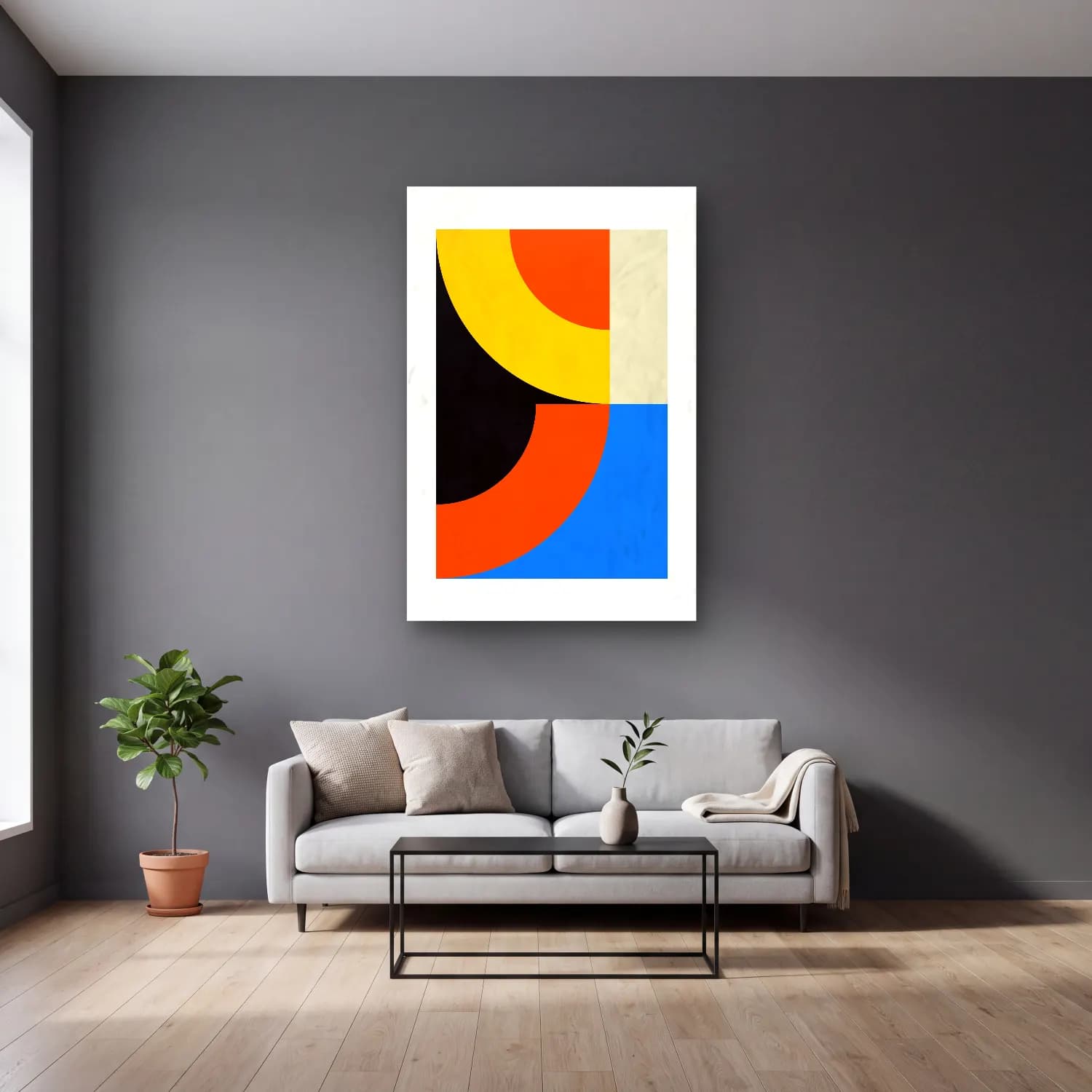Bauhaus Soyut Kemer No. 16 cam tablo — gri duvarlı salonda