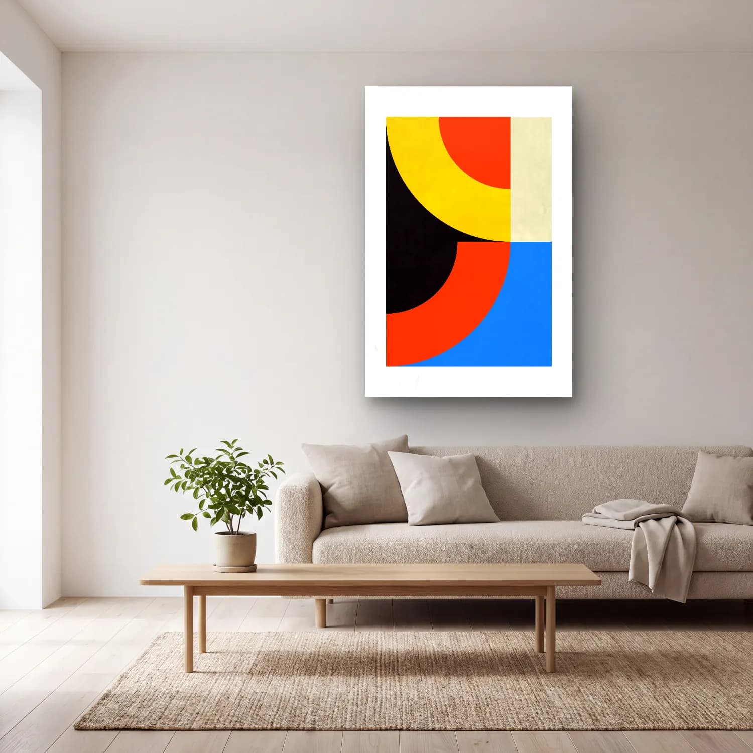 Bauhaus Soyut Kemer No. 16 cam tablo — açık renk salonda