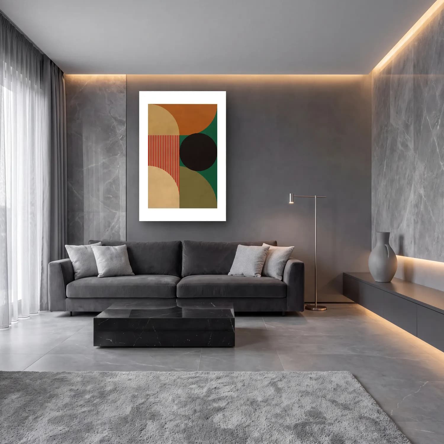 Boho Geometrik Daireler – Turkuaz Tonlar cam tablo — lüks salon duvarında