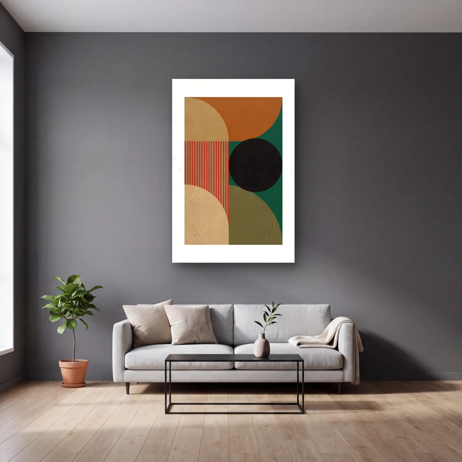 Boho Geometrik Daireler – Turkuaz Tonlar cam tablo — gri duvarlı salonda
