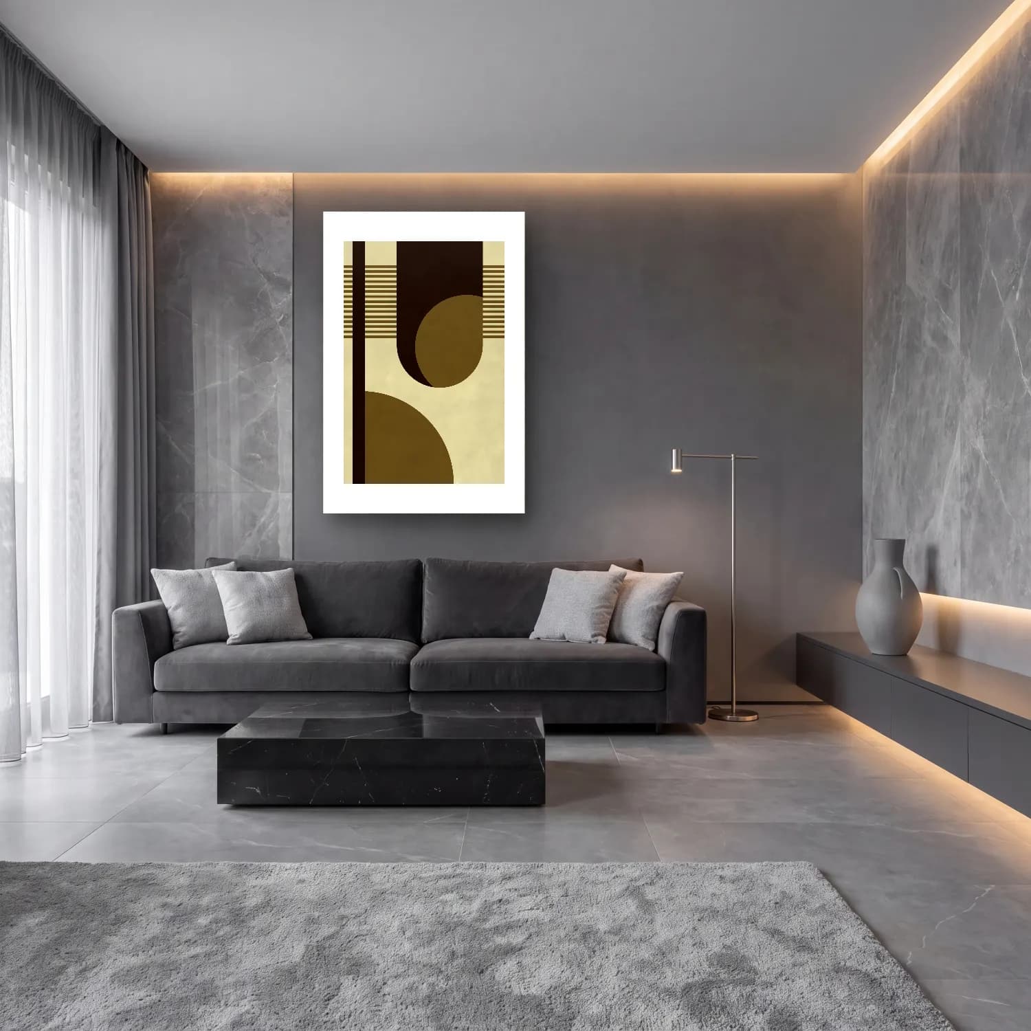 Bauhaus Geometrik Daireler No. 45 cam tablo — lüks salon duvarında