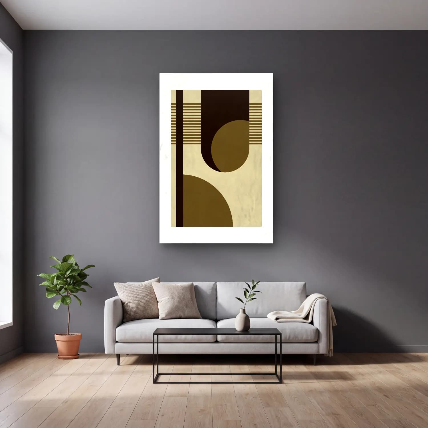 Bauhaus Geometrik Daireler No. 45 cam tablo — gri duvarlı salonda