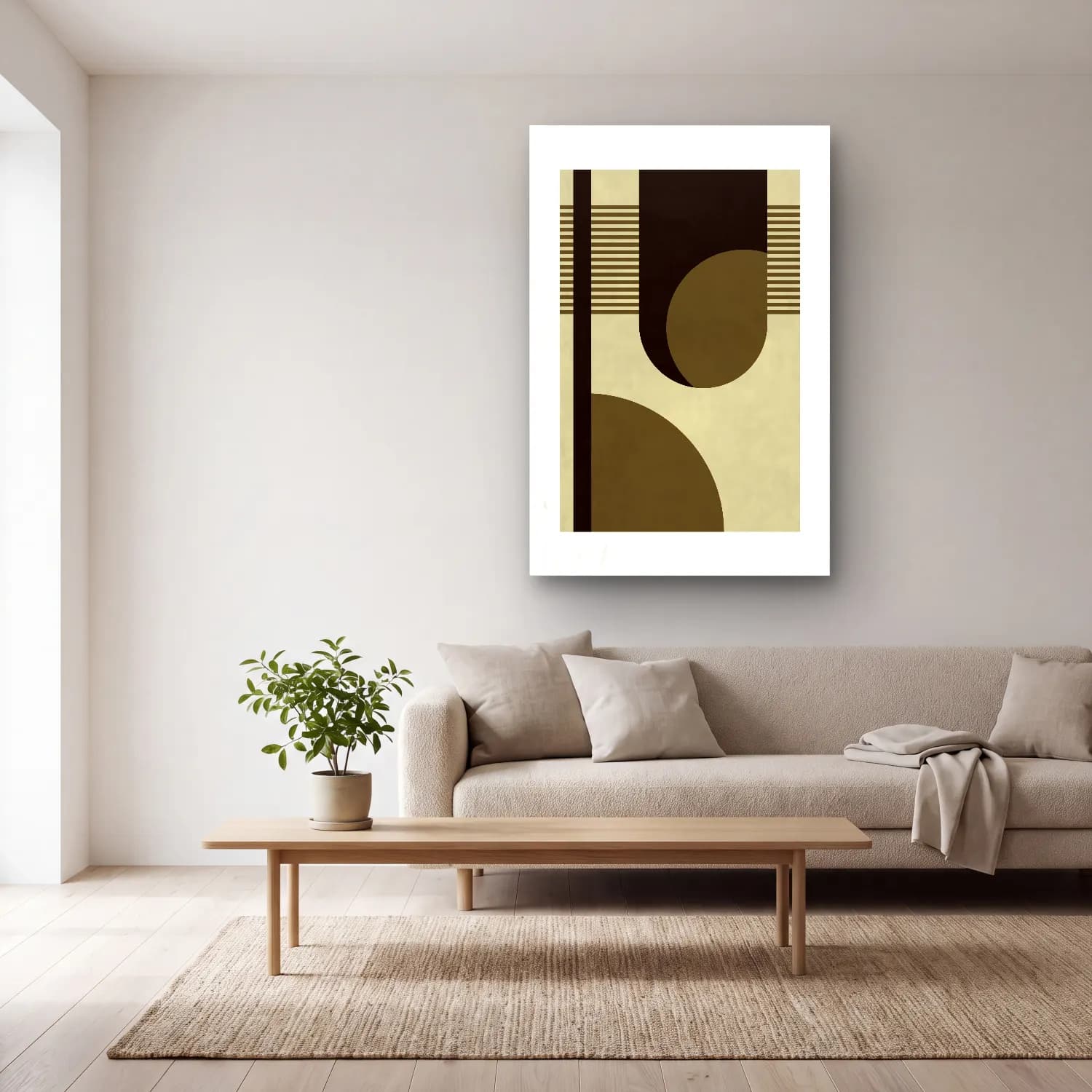 Bauhaus Geometrik Daireler No. 45 cam tablo — açık renk salonda