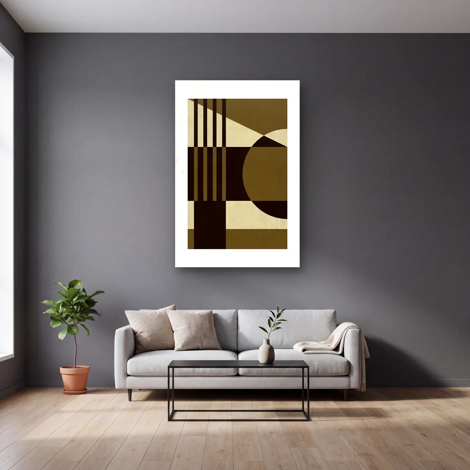Bauhaus Geometrik Daireler No. 46 cam tablo — gri duvarlı salonda