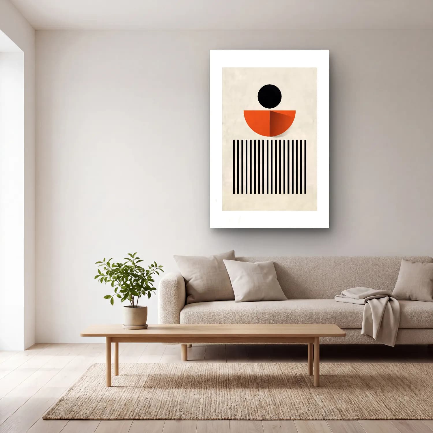 Bauhaus Geometrik Daireler No. 47 cam tablo — açık renk salonda