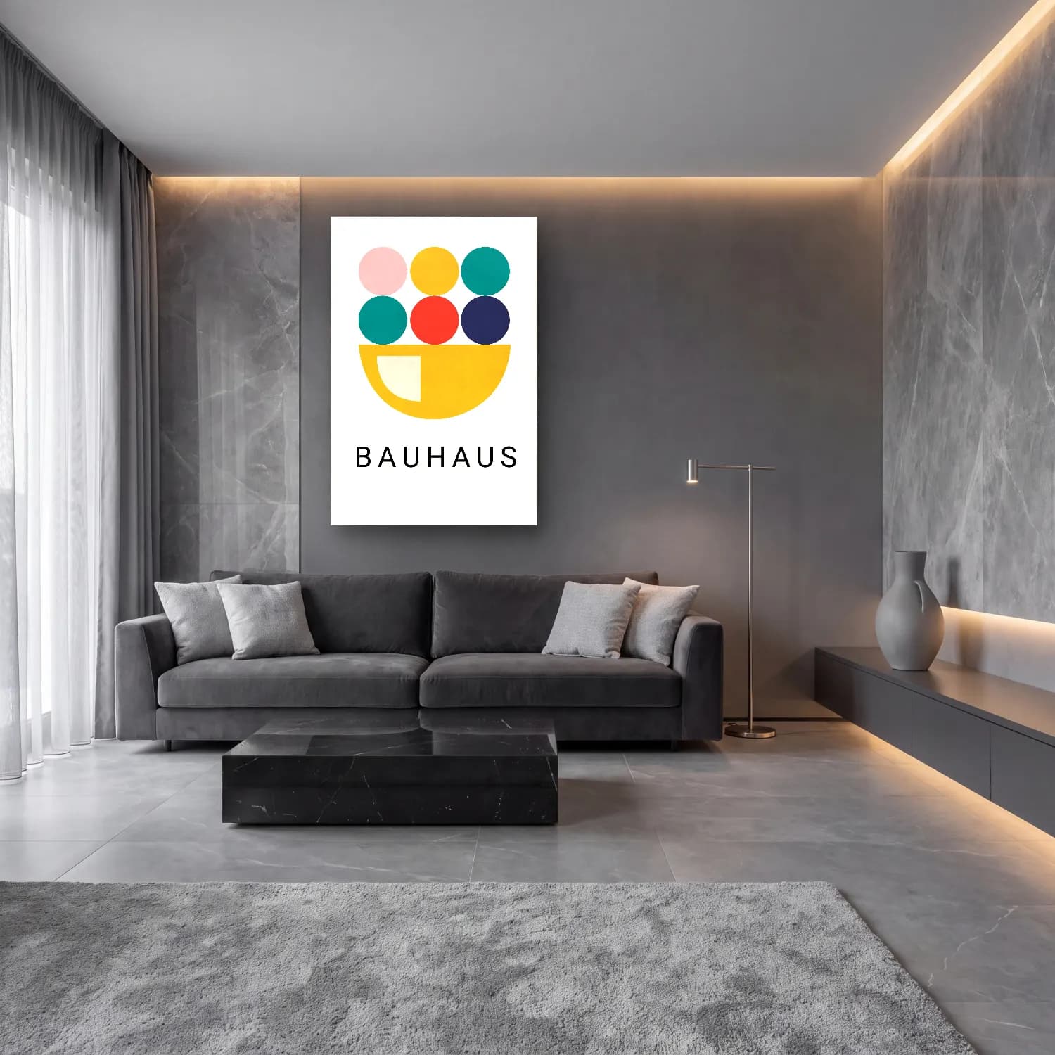 Bauhaus Soyut Formlar No. 10 cam tablo — lüks salon duvarında