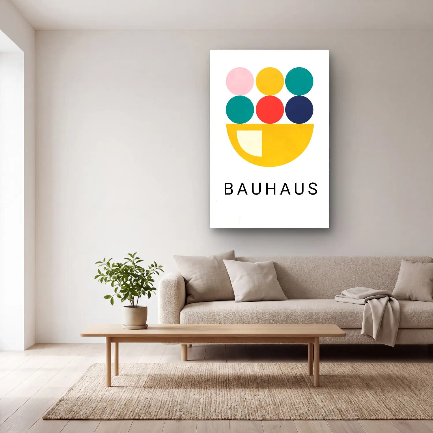 Bauhaus Soyut Formlar No. 10 cam tablo — açık renk salonda