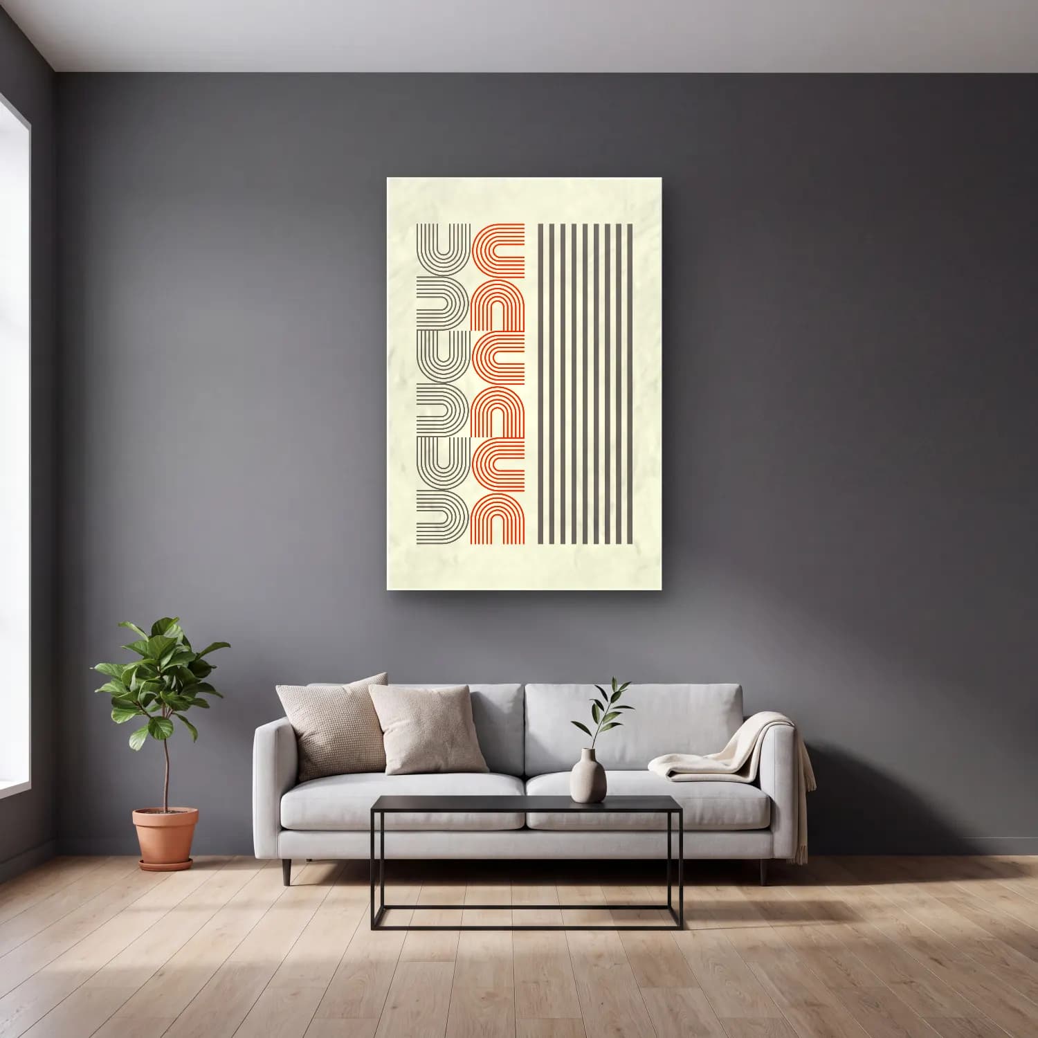 Bauhaus Geometrik Daireler No. 48 cam tablo — gri duvarlı salonda