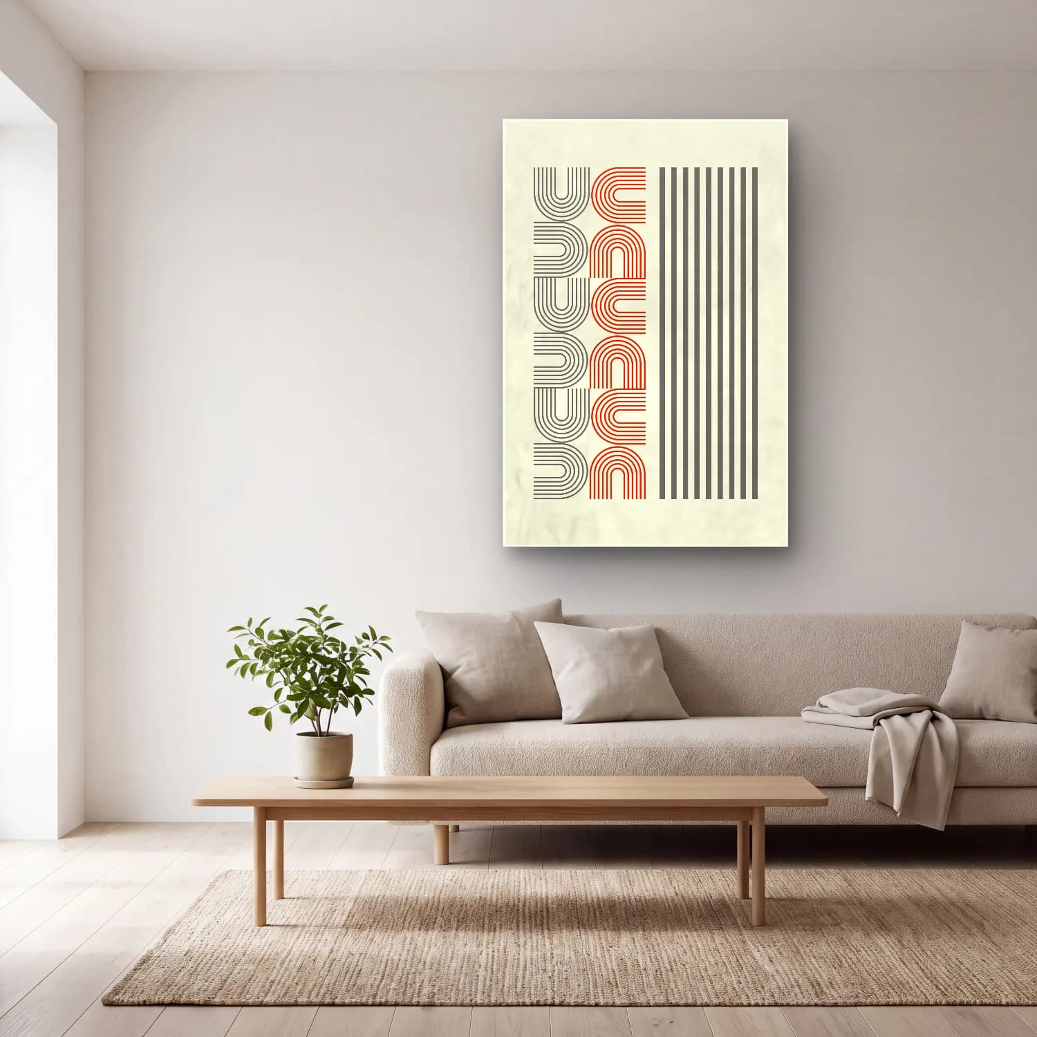 Bauhaus Geometrik Daireler No. 48 cam tablo — açık renk salonda