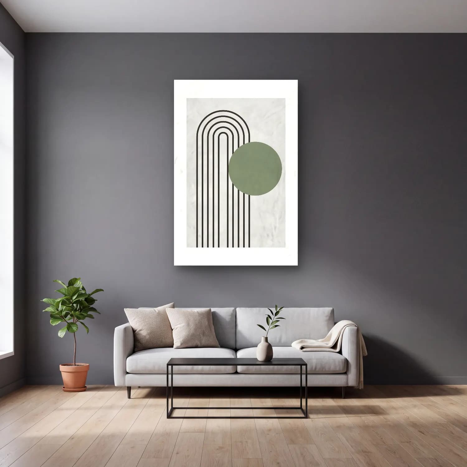 Bauhaus Geometrik Daireler No. 49 cam tablo — gri duvarlı salonda